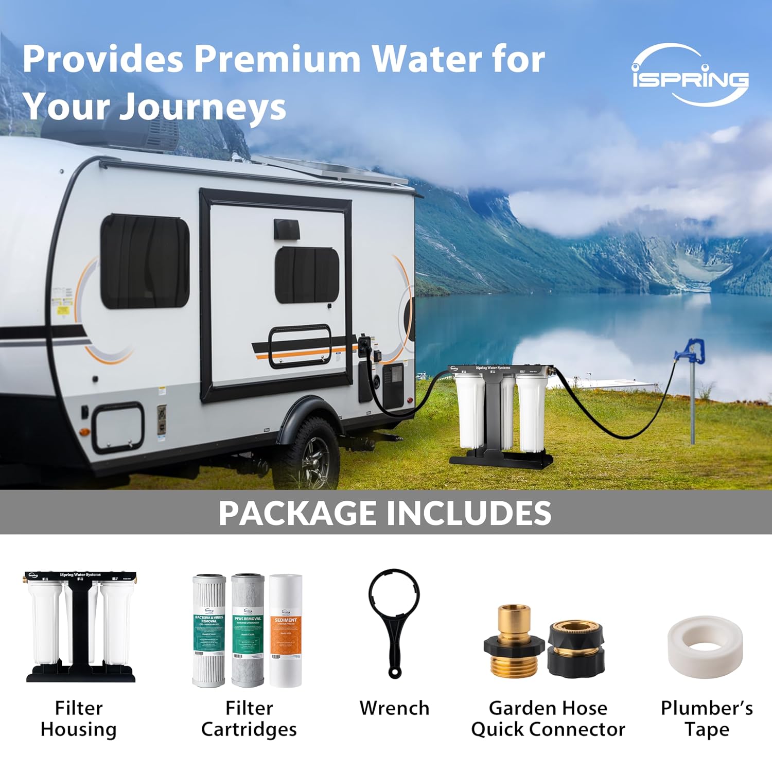 iSpring 3-Stage RV Water Filter System, Removes Over 99% PFAS, Bacteria and Viruses, Reduces Chlorine, Lead, Odor, and Sediment, Leak-Free Brass Fittings, External Mounting Bracket, Model: CW31-PFBV