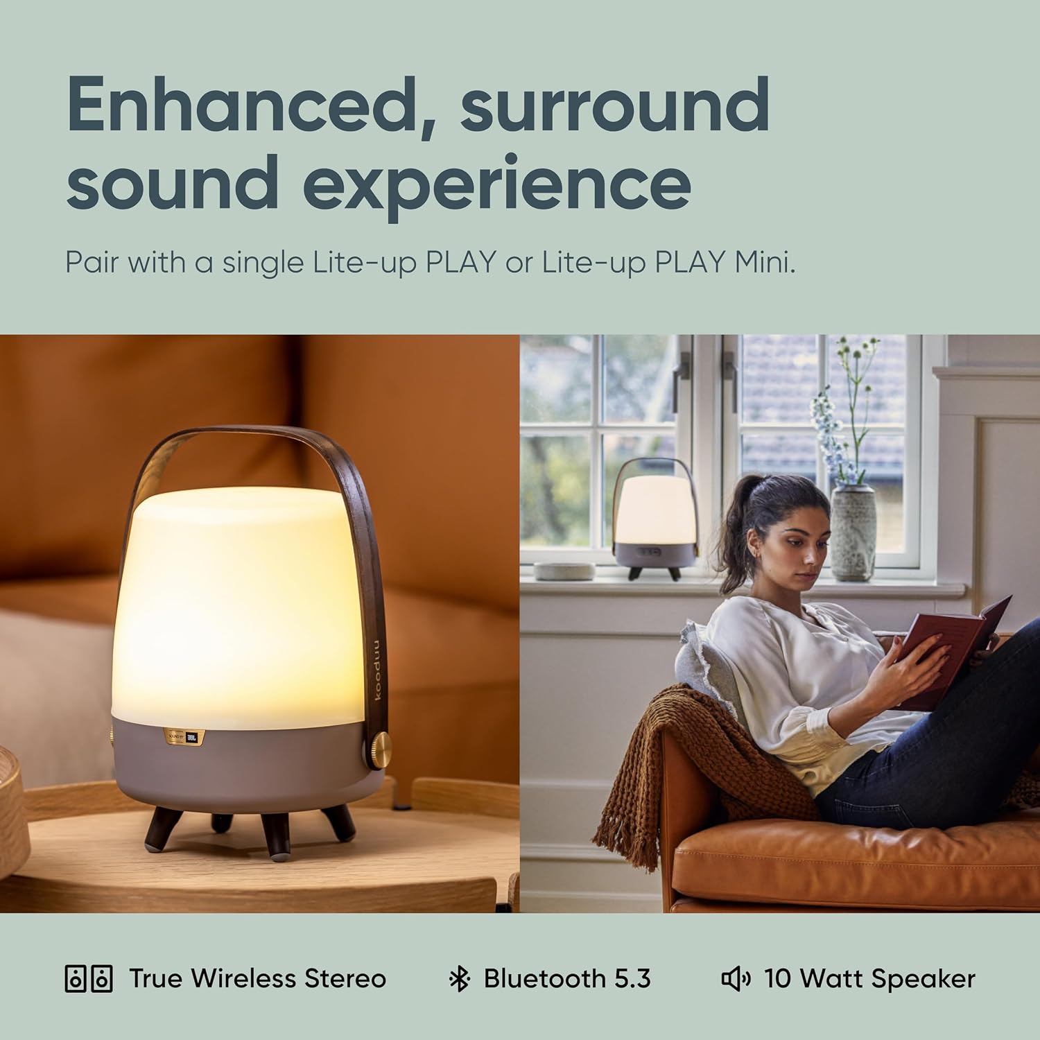 Kooduu Bluetooth Speaker Lamp with Sound by JBL - Cordless, Rechargeable Speaker & Lamp for Indoor/Outdoor Use, Earth