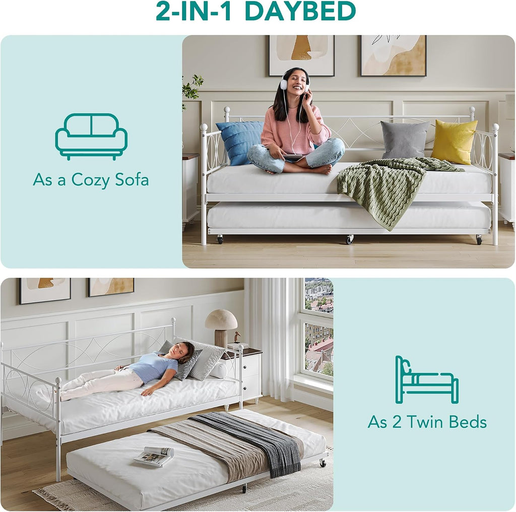 IDEALHOUSE Twin daybed with Trundle, Metal Twin Daybed and Trundle Set, Day Bed Sofa Bed Frame with Steel Slat Support, Multifunctional Daybed Frame for Bedroom (Modern - White)