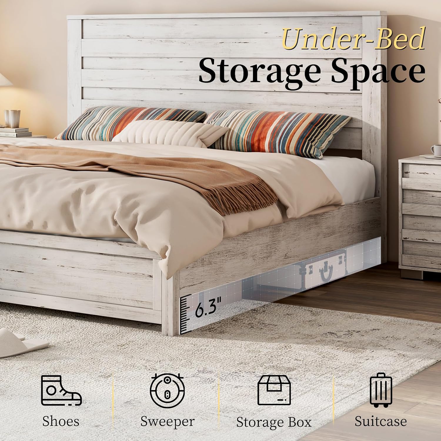 LUXOAK Farmhouse Full Bed Frame with 49' Tall Headboard, Wooden Platform Bed with Hidden Metal Bed Frame, No Box Spring Needed/Noise Free, Distressed White
