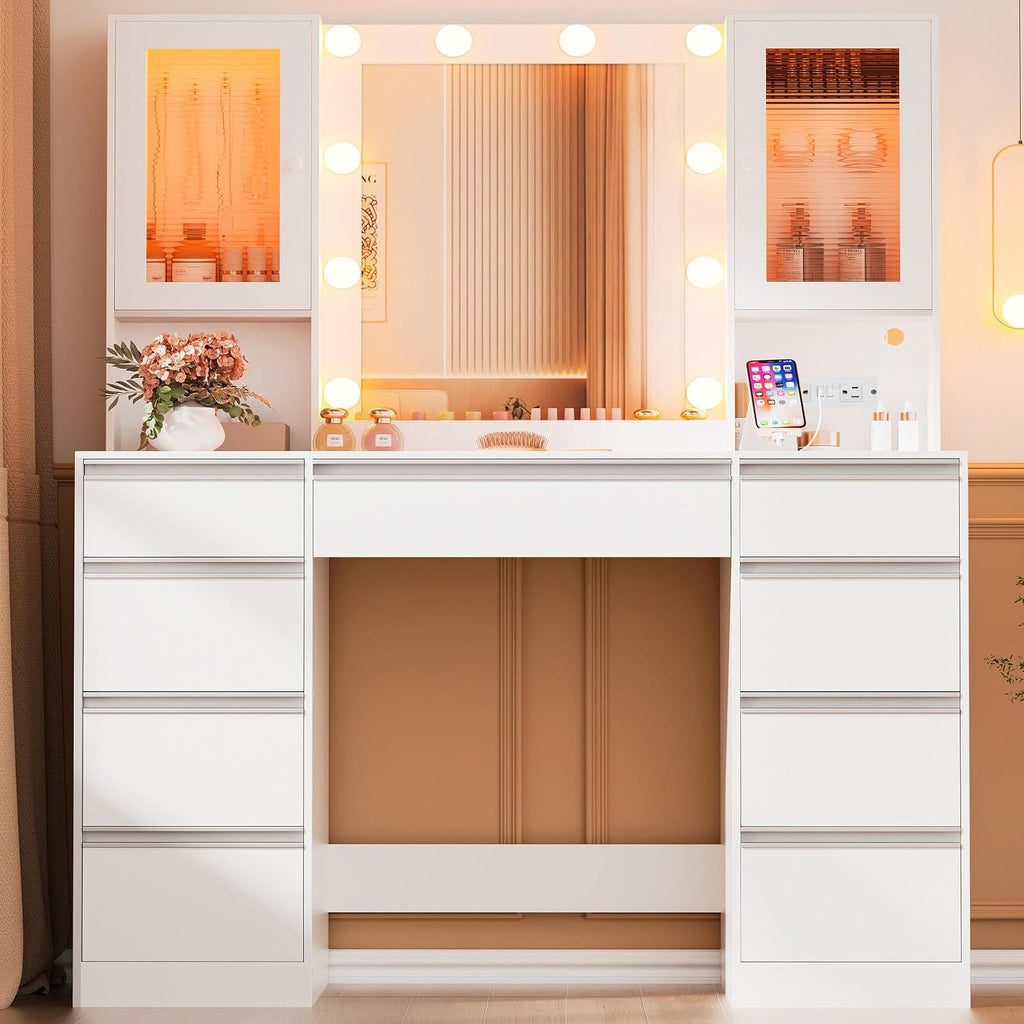 ERLEJIA Vanity Desk with Mirror and Lights, 42.52' 9 Drawer Makeup Table with 2 RGB Lighting Cabinets and Power Outlet for Girls and Ladies Bedroom, White