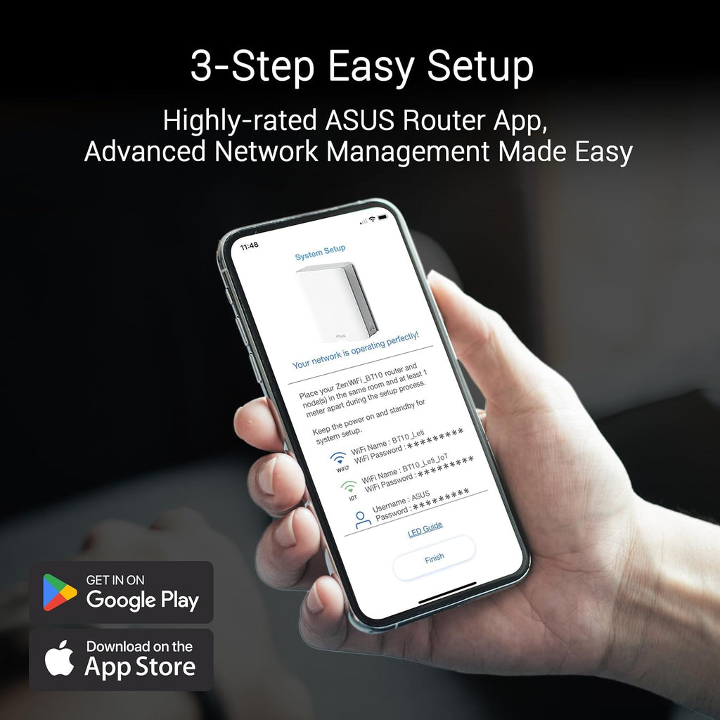 ASUS ZenWiFi BT10 Tri-Band WiFi 7 Mesh, 18 Gbps, 3000 sq.ft (1pk), Dual 10G Ports, Security and Parental Controls Included, Smart Home Master SSIDs, 4G & 5G Mobile Tethering