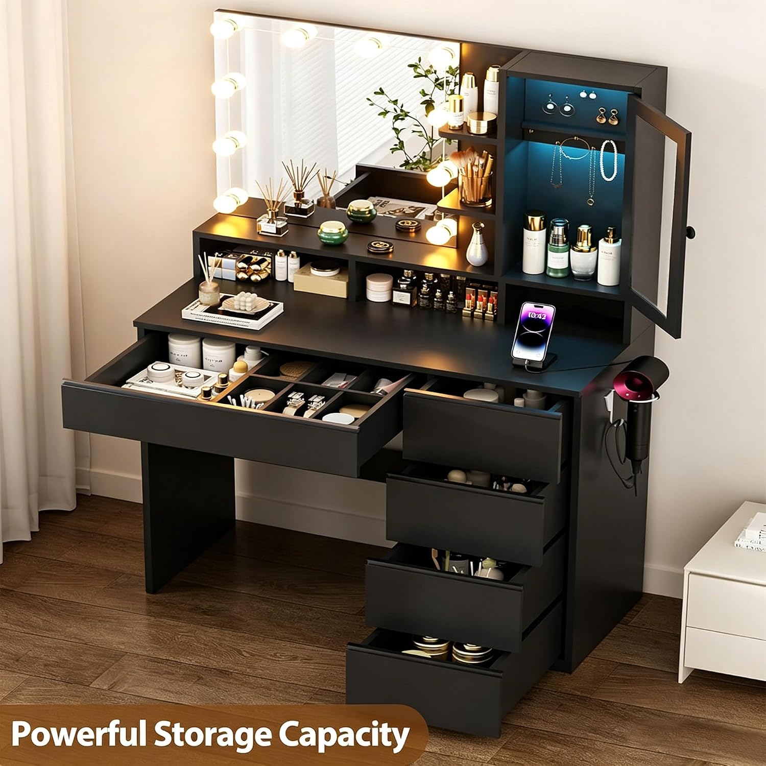 ERLEJIA Vanity Desk with LED Lights Mirror, Makeup Table with Power Outlet for Ladies and Girls, 35.43' RGB Light Makeup Desk with 6 Storage Drawers for Bedroom, Black