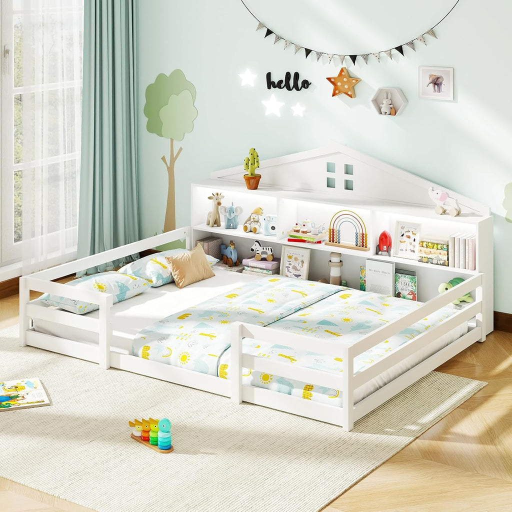 Giantex Full Size Montessori Floor Bed with LED Lights, 2-in-1 Wooden House Bed Frame with Safety Guardrails, Storage Compartments & Shelf, No Box Spring Needed, Without Slats, White