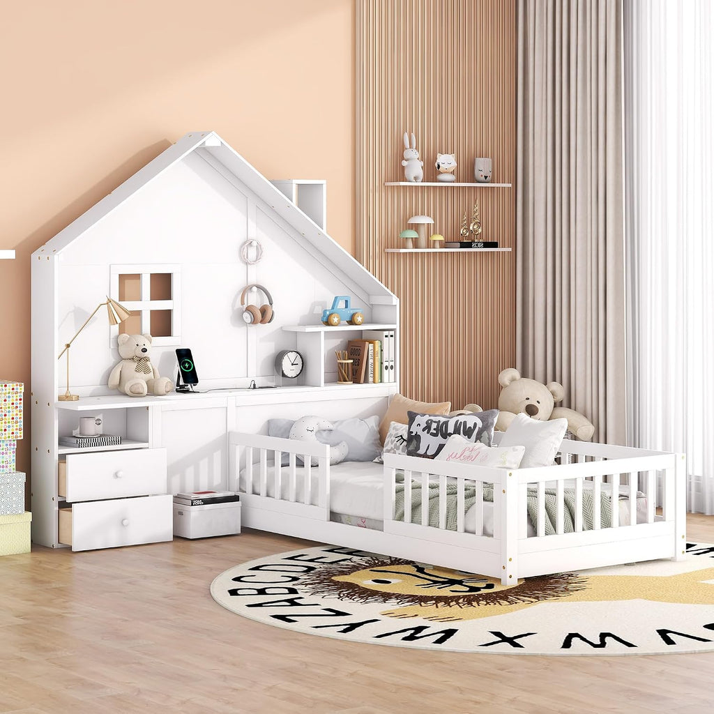 Harper & Bright Designs Twin Platform Bed with Window and Bedside Drawers, Wood Twin Size House Bed with Shelves, a Set of Sockets and USB Port, White