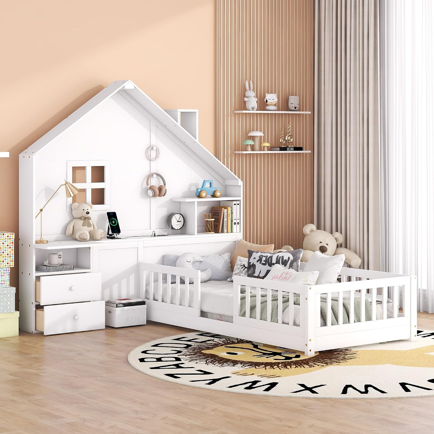 Harper & Bright Designs Twin Platform Bed with Window and Bedside Drawers, Wood Twin Size House Bed with Shelves, a Set of Sockets and USB Port, White