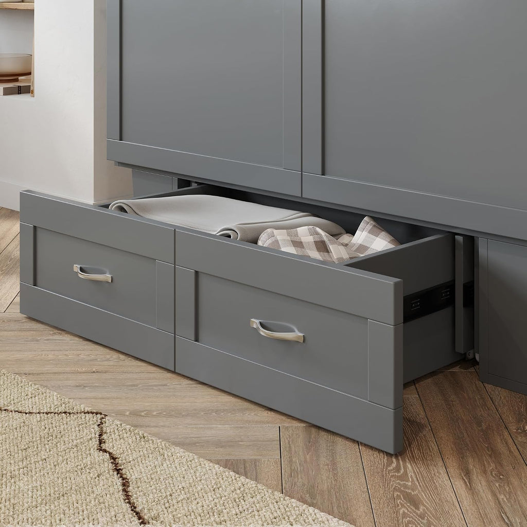 AFI, Monroe Full Murphy Bed Chest with 6' Mattress, Storage Drawer & Built-in USB Charger, Grey