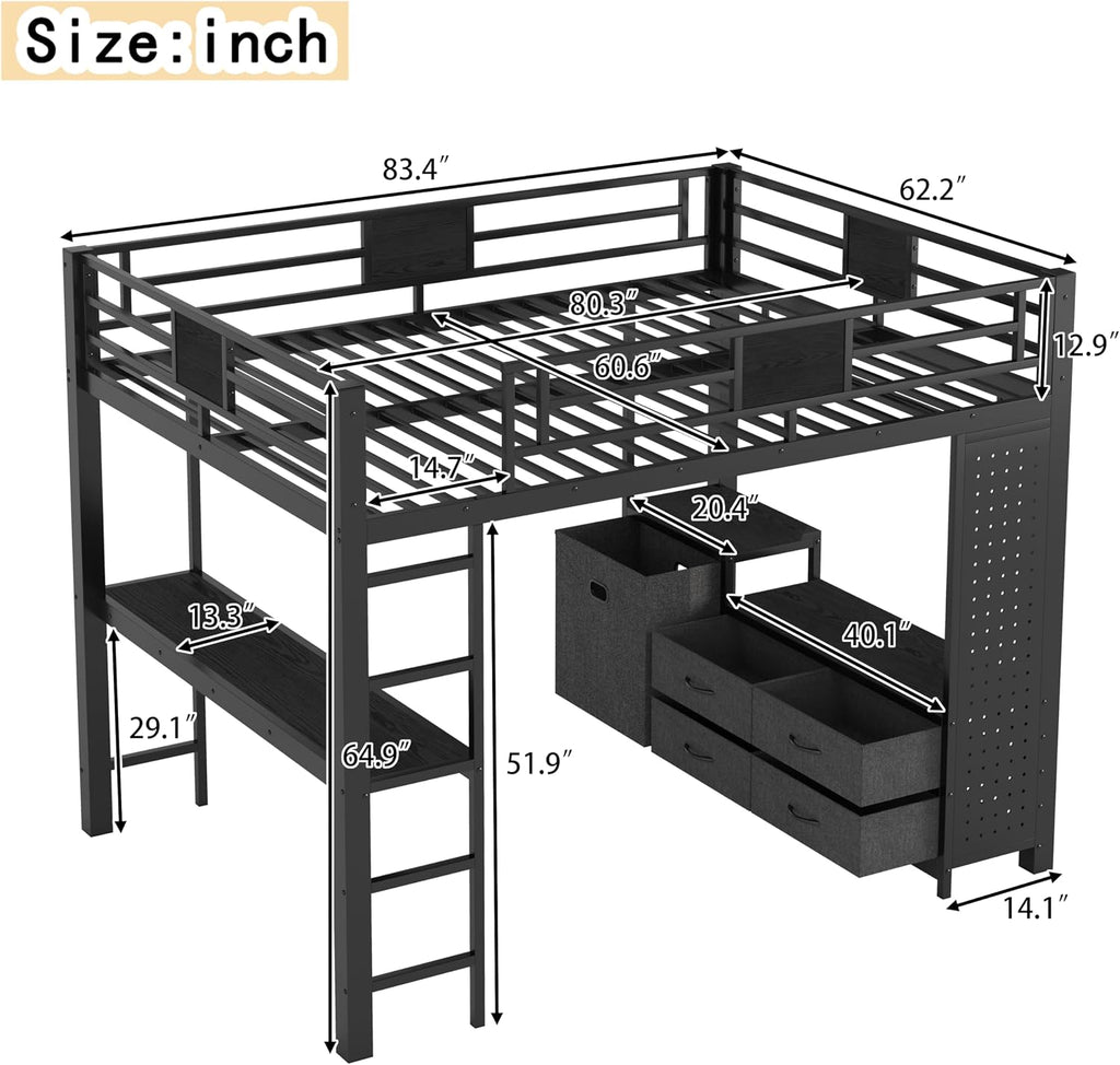 JIVOIT Queen Size Loft Bed with Desk & Shelves, All-in-One Loft Bed with Built-in Workstation & Storage, Space-Saving Metal Loft Bed with Cothesline Pole, Storage Pegboard, Laundry Bag
