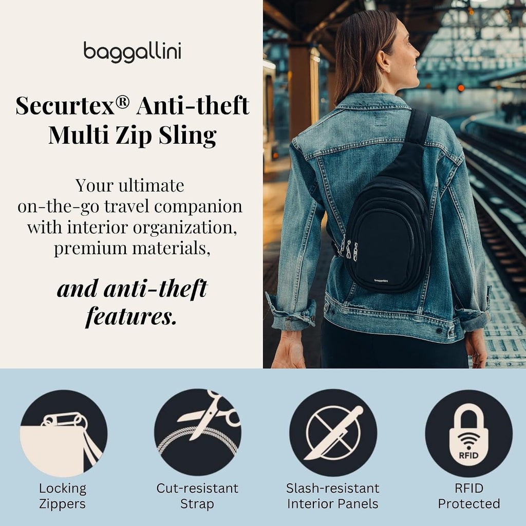 Baggallini Securtex® Anti-Theft Multi Zip Sling - Lightweight 8.6'x15.2' Travel Bag with Locking Zippers & RFID Protection