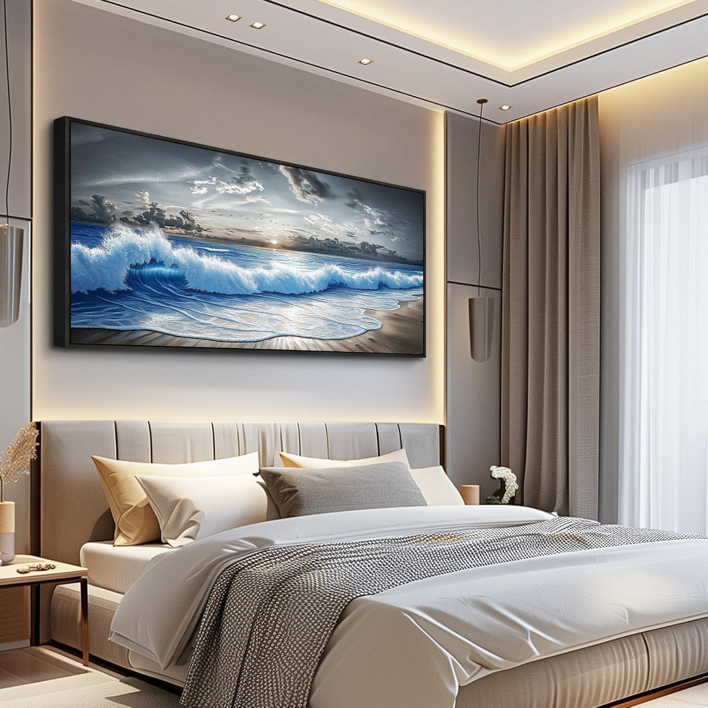 PHAOHUAXM Large Canvas Modern Black White Printed Artworks Wall Decor For Living Room Wall Art For Bedroom Office Dining room Blue Ocean Wave Painting Wall Pictures Home Decor 32'X72' Black Frame