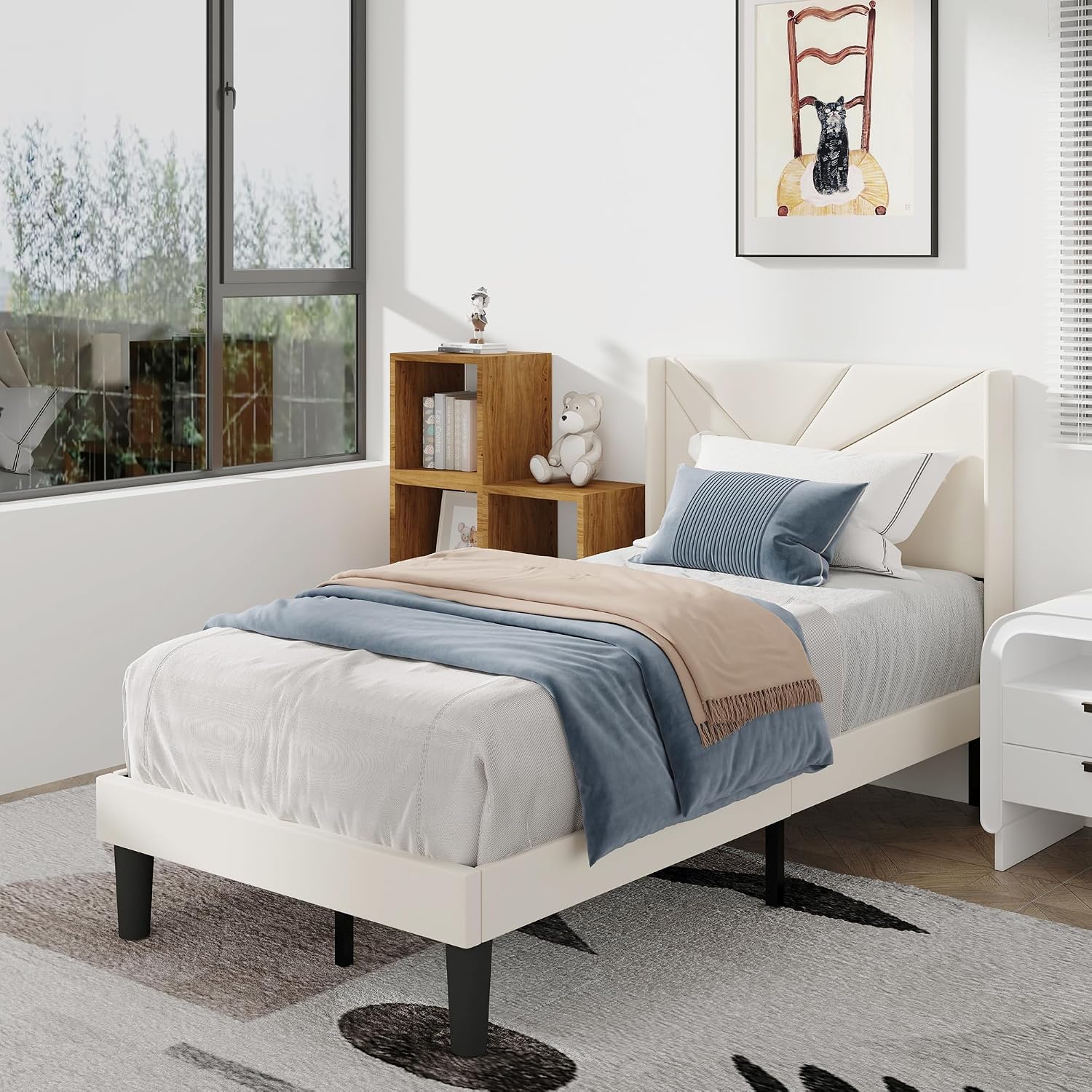 Twin Size Bed Frames with Upholstered Wingback Headboard, Easy Assemnly Platform Bed and Heavy Duty Wooden Slats Support, Noise-Free, No Box Spring Needed (Cream, Twin)