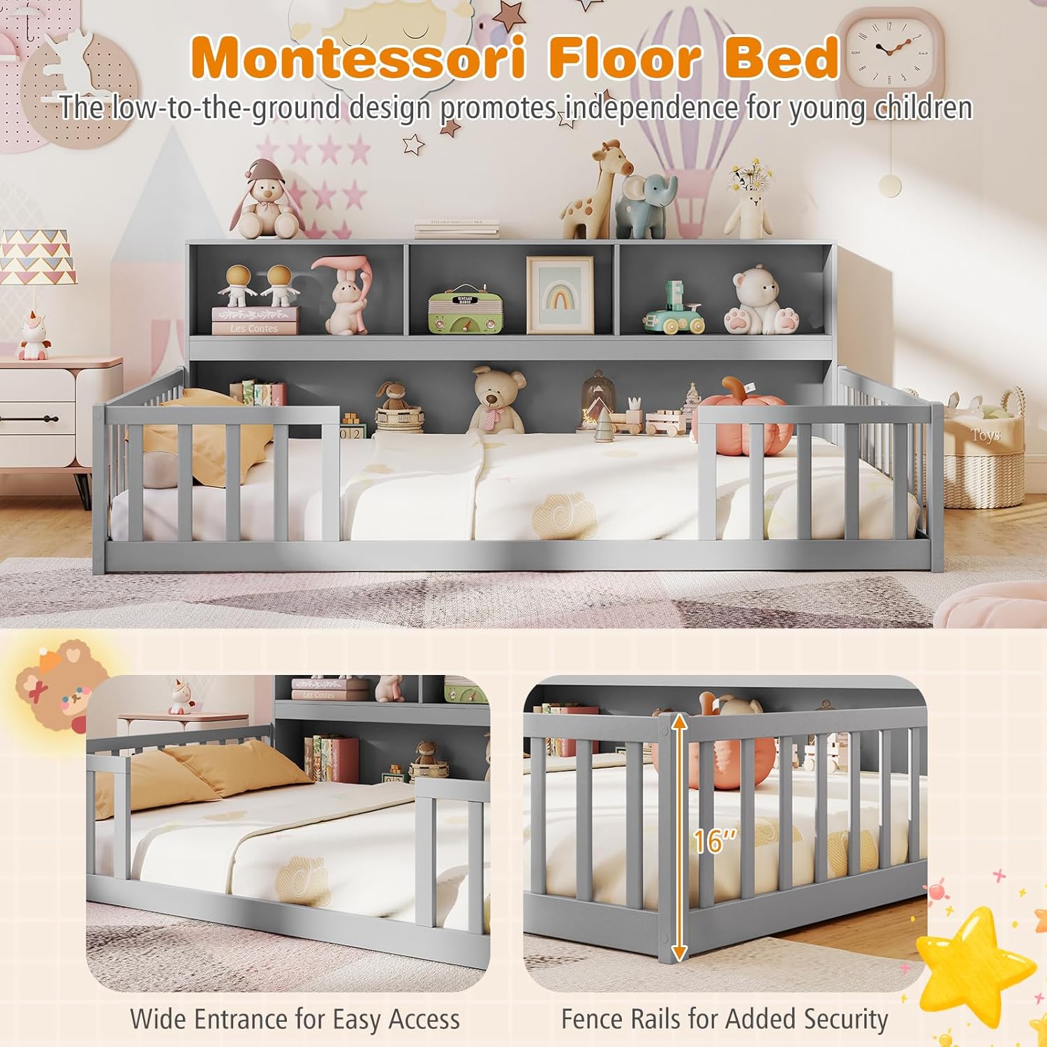 BECOMFORT Full Size Floor Bed for Kids, 2-in-1 Kids Wood Bed Frame with Bedside Bookcase & Safety Guardrails, Montessori Bed for Boys Girls