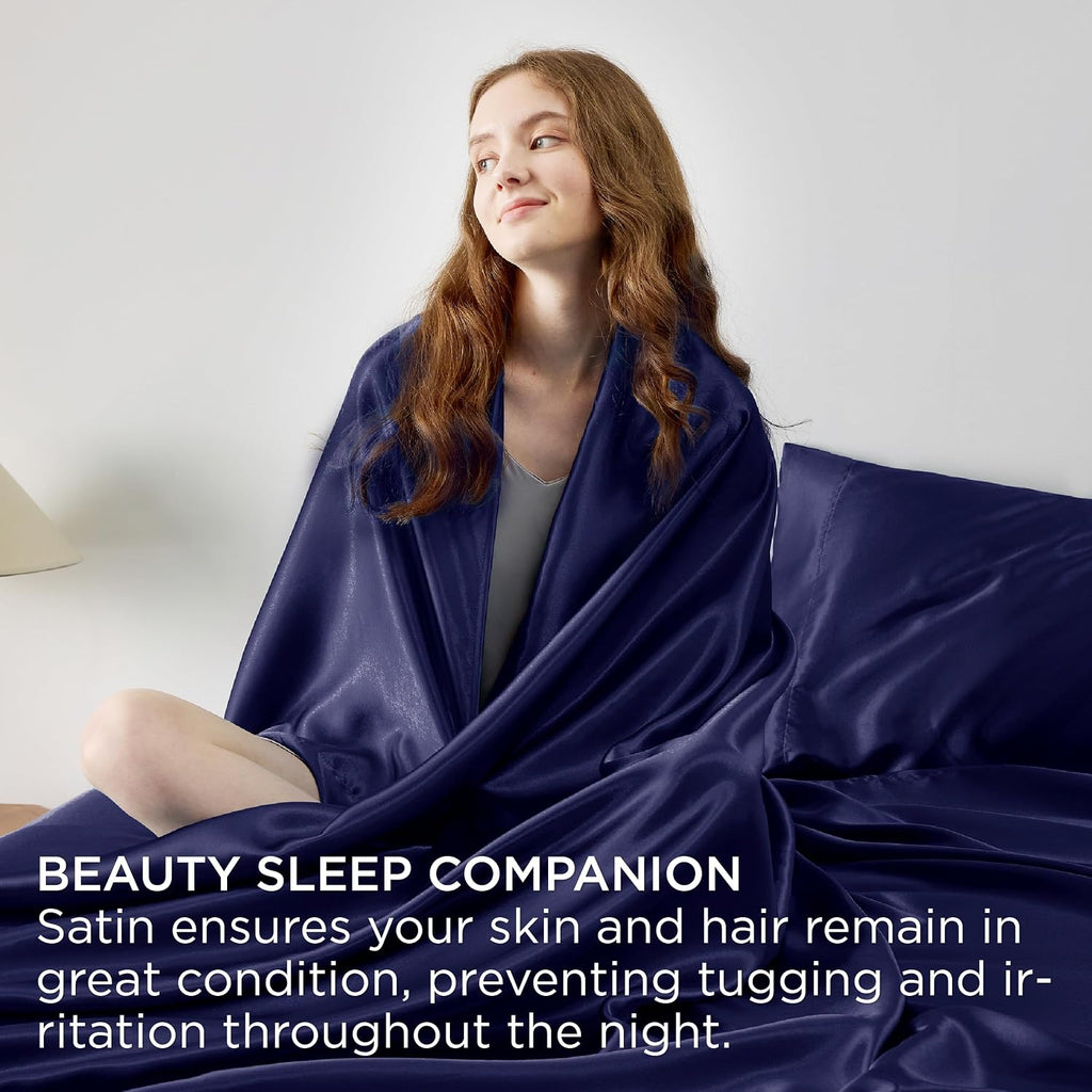Twin XL Size 4-Piece Sheet Set Premium Mulberry Silk Bed Sheets Set Fits 14-16' Deep Pocket - Luxurious Soft Silk (Solid, Navy Blue)