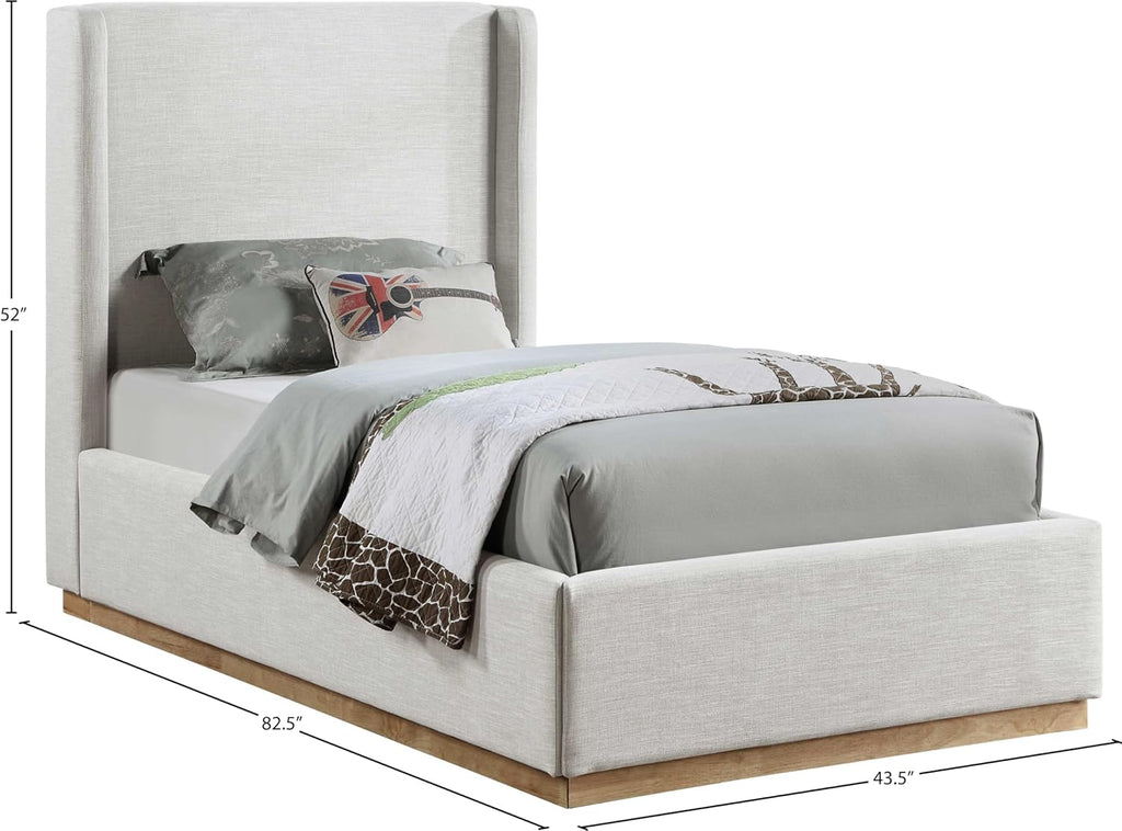 Meridian Furniture FlynnCream-T Flynn Collection Modern | Contemporary Twin Bed with Cream Linen Textured Fabric, Natural Finish Solid Wood Base, Wing Back, 43.5' W x 82.5' D x 52' H, Cream, Twin