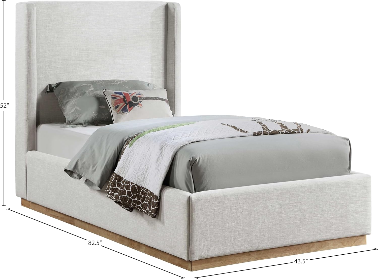 Meridian Furniture FlynnCream-T Flynn Collection Modern | Contemporary Twin Bed with Cream Linen Textured Fabric, Natural Finish Solid Wood Base, Wing Back, 43.5' W x 82.5' D x 52' H, Cream, Twin