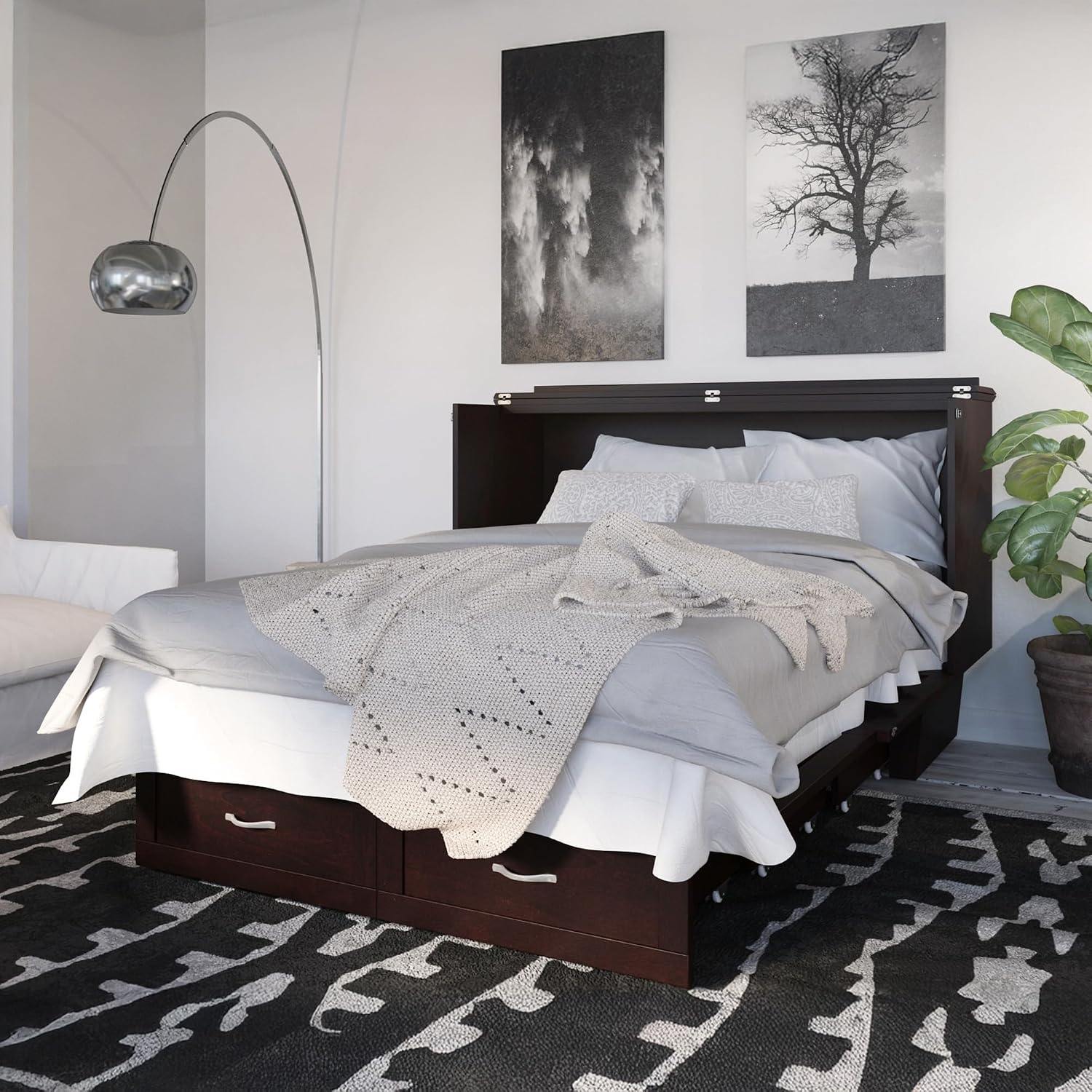 AFI, Monroe Queen Murphy Bed Chest with 6' Mattress, Storage Drawer & Built-in USB Charger, Espresso