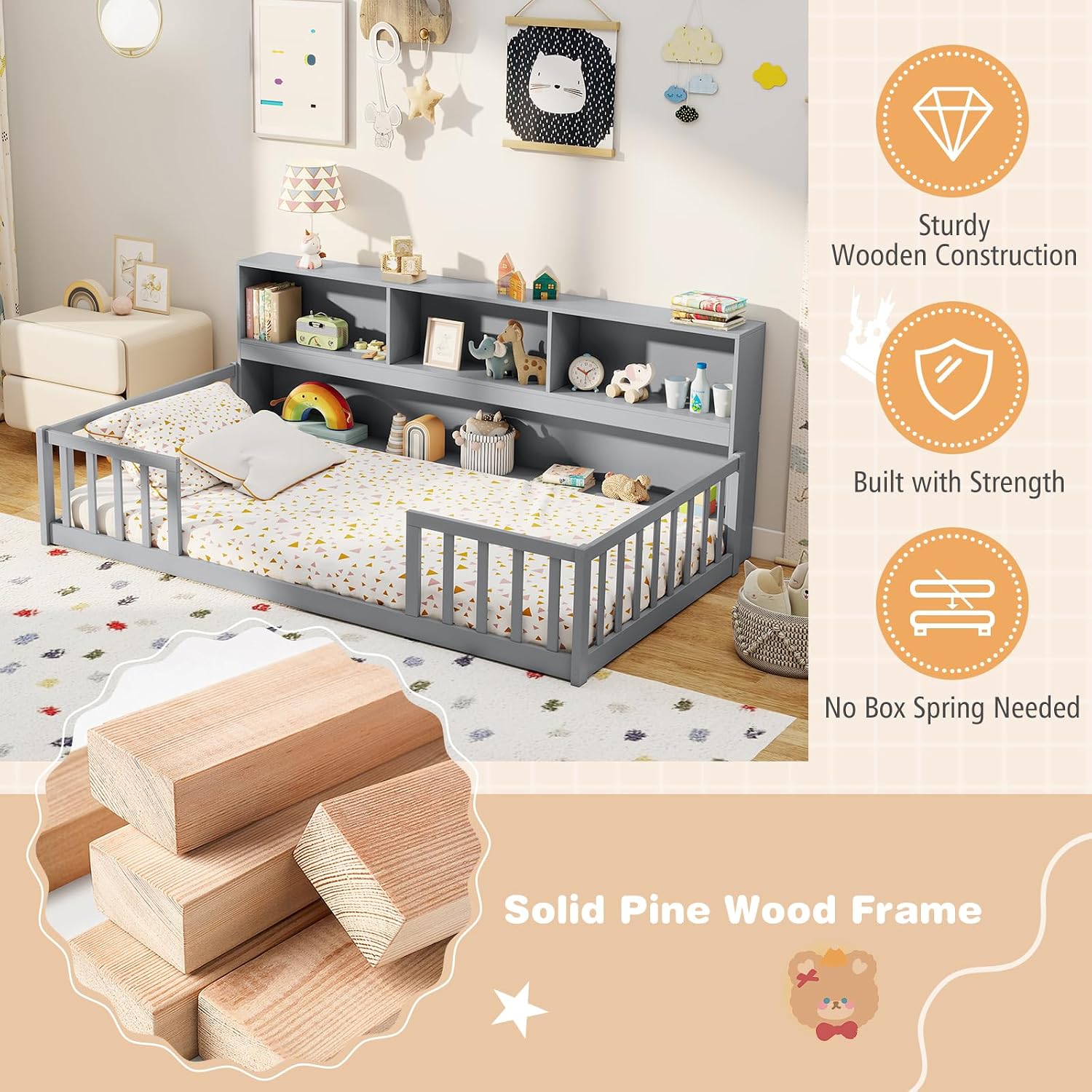 BECOMFORT Twin Floor Bed for Kids, 2-in-1 Kids Twin Floor Bed Frame with Bedside Bookcase & Safety Guardrails, Montessori Bed for Boys Girls
