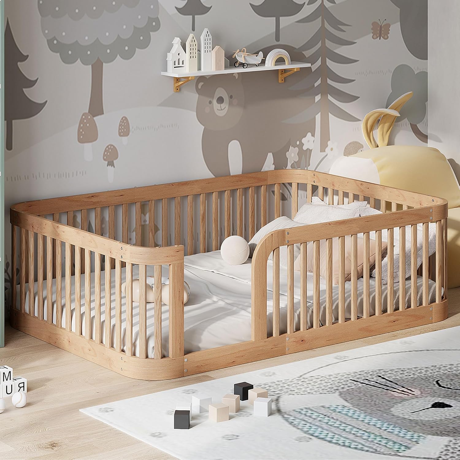 Full Size Wood Floor Bed with Fence, Playful Design Montessori Floor Bed with Guardrail, Without Slats, Easy Assembly (Natural//Full,124)