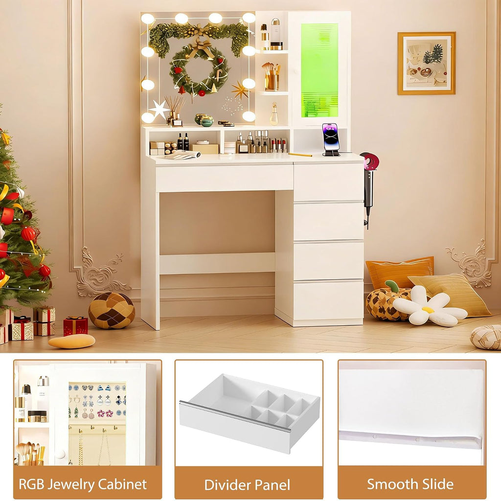 ERLEJIA Vanity Desk with LED Lights Mirror, Makeup Table with Power Outlet for Ladies and Girls, 35.43' RGB Light Makeup Desk with 6 Storage Drawers for Bedroom, White 2