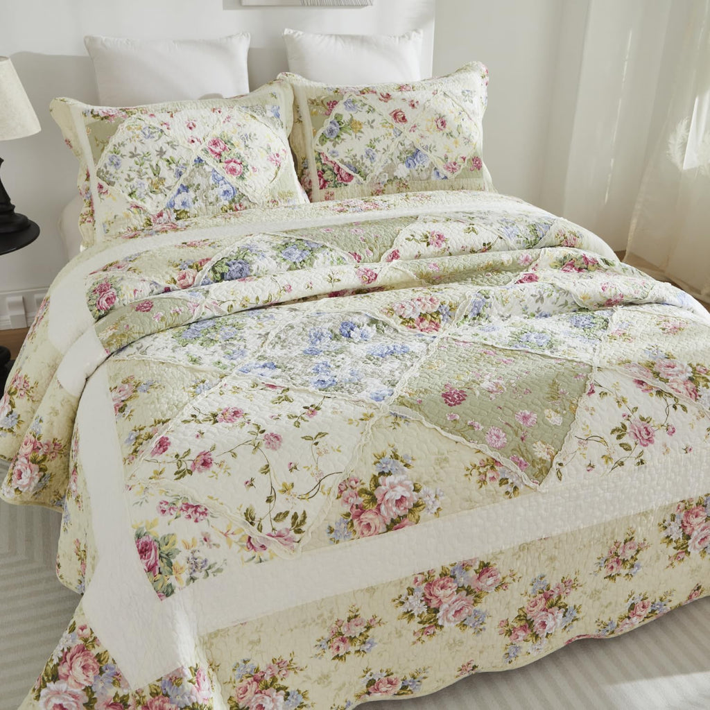 Brandream Patchwork Quilts Cotton Queen Size Country Rustic Rose Floral Bedding Coverlet Set 3-Piece Pale Yellow