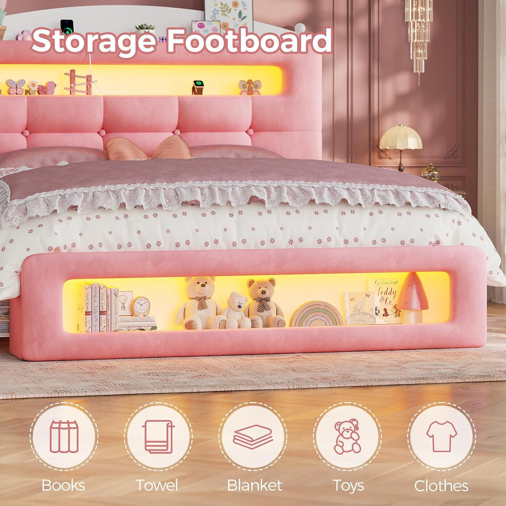 UPOSOJA Full Size Upholstered Platform Bed Frame with 2 Drawers LED Lighting, Storage Headboard and Footboard, Remote/App Control, No Box Spring Needed,Pink,(Full)