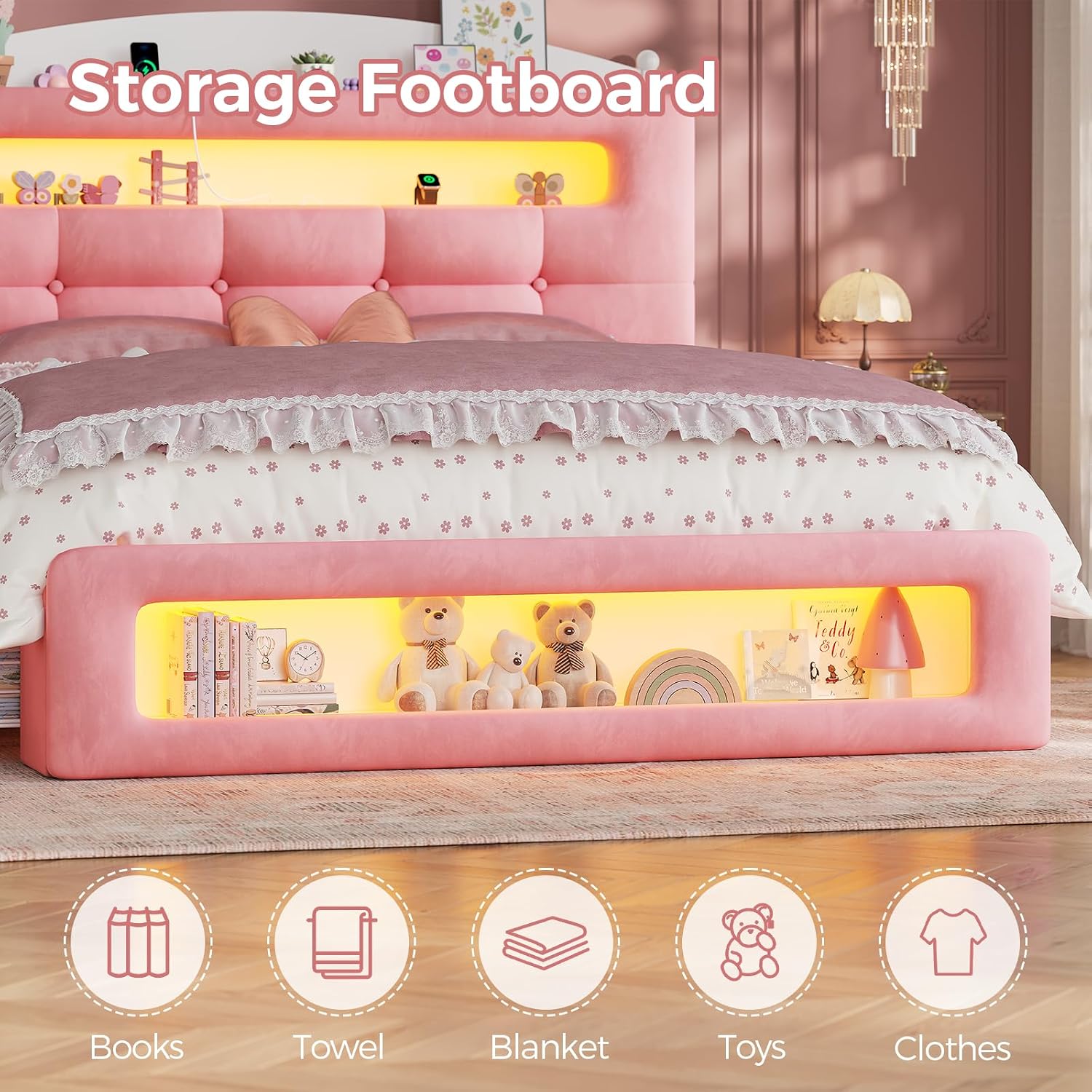 UPOSOJA Full Size Upholstered Platform Bed Frame with 2 Drawers LED Lighting, Storage Headboard and Footboard, Remote/App Control, No Box Spring Needed,Pink,(Full)