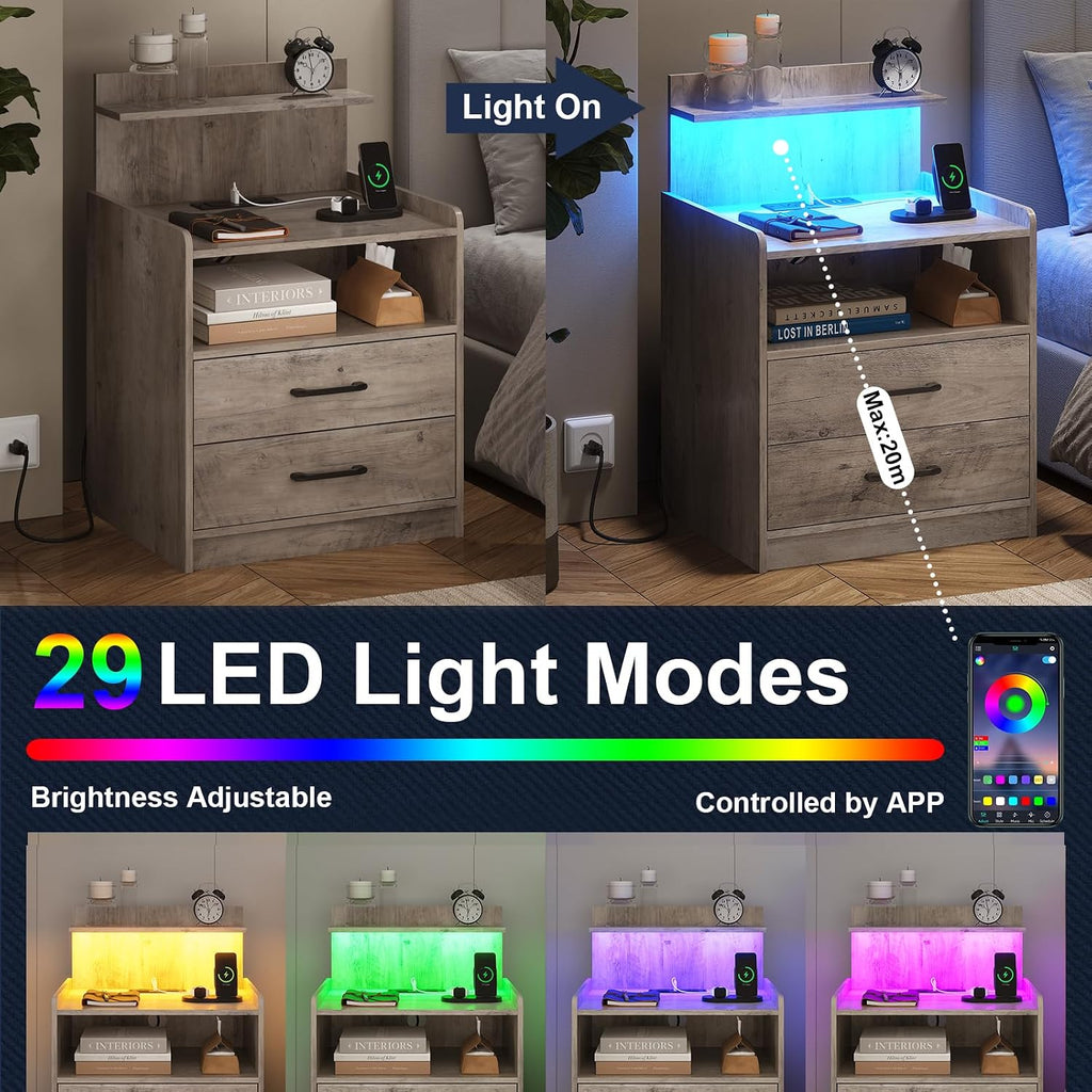Nightstand Set of 2 with Charging Station and LED Lights, Bedside Table with 2 Drawers and Open Storage Shelf, 2 USB Ports and 2 AC Outlets, LED Night Stands for Bedroom Set of 2, Grey