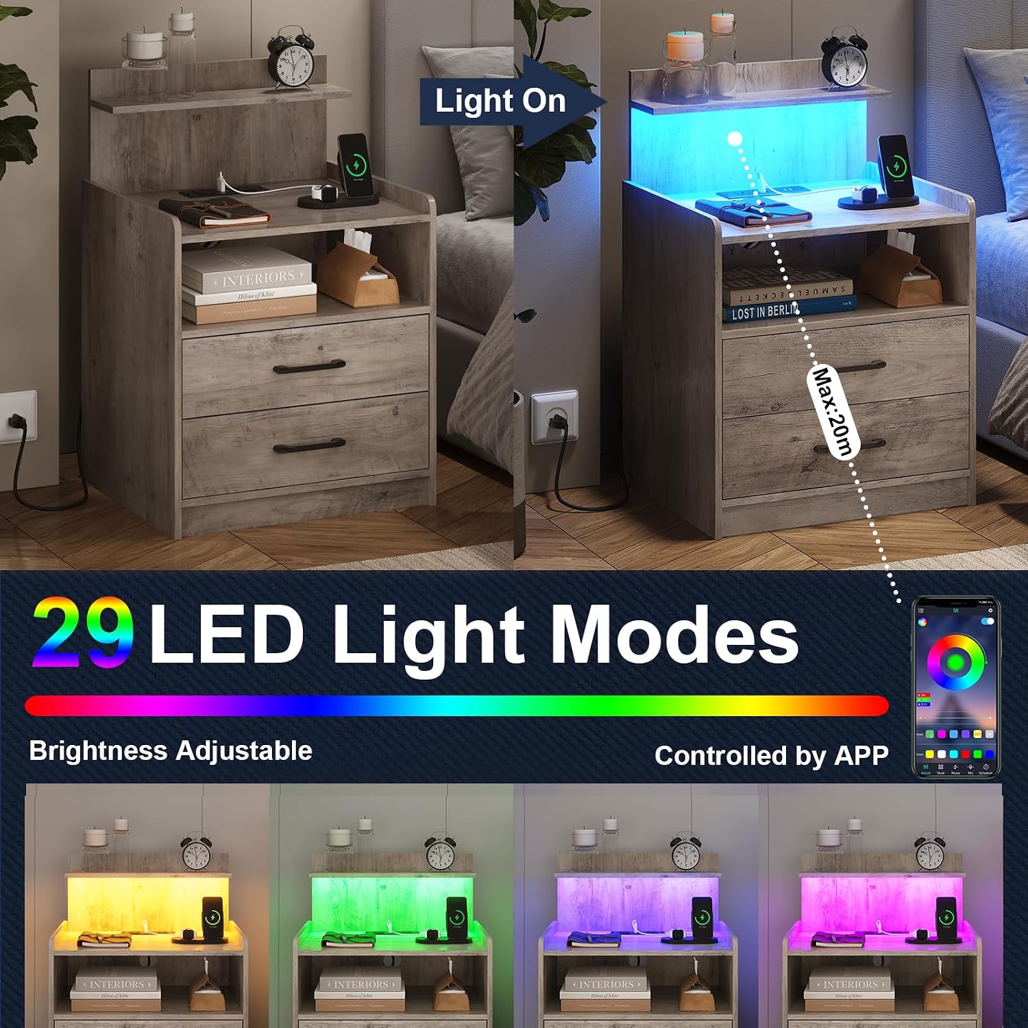 Nightstand Set of 2 with Charging Station and LED Lights, Bedside Table with 2 Drawers and Open Storage Shelf, 2 USB Ports and 2 AC Outlets, LED Night Stands for Bedroom Set of 2, Grey