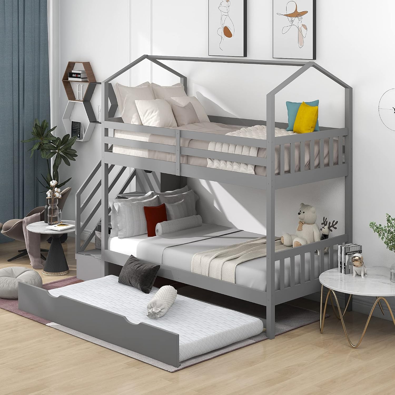 KLMM Twin Over Twin Bunk Bed for Kids Toddlers, House Bunk Bed Farm with Storage Steps and Trundle, Roof Guardrail for Girls/Boys, No Spring Box Required (Gray + Pine+Trundle)