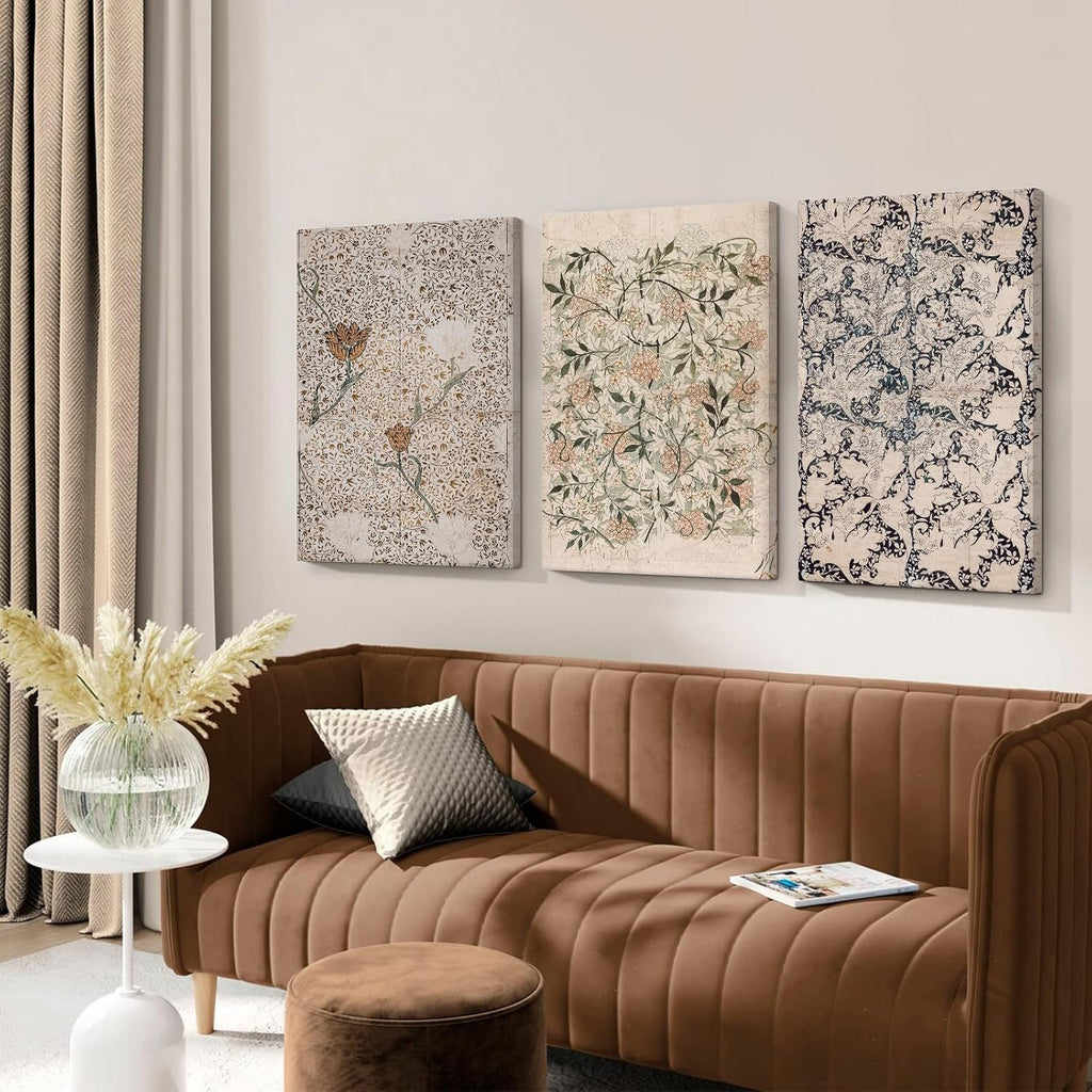 Vintage William Morris Wall Art Decor Boho Floral Botanical Canvas Pictures Abstract Neutral Flower Print Vintage Farmhouse Artwork Painting for Living Room Bedroom 24x36 Inch Wrapped Canvas Set of 3