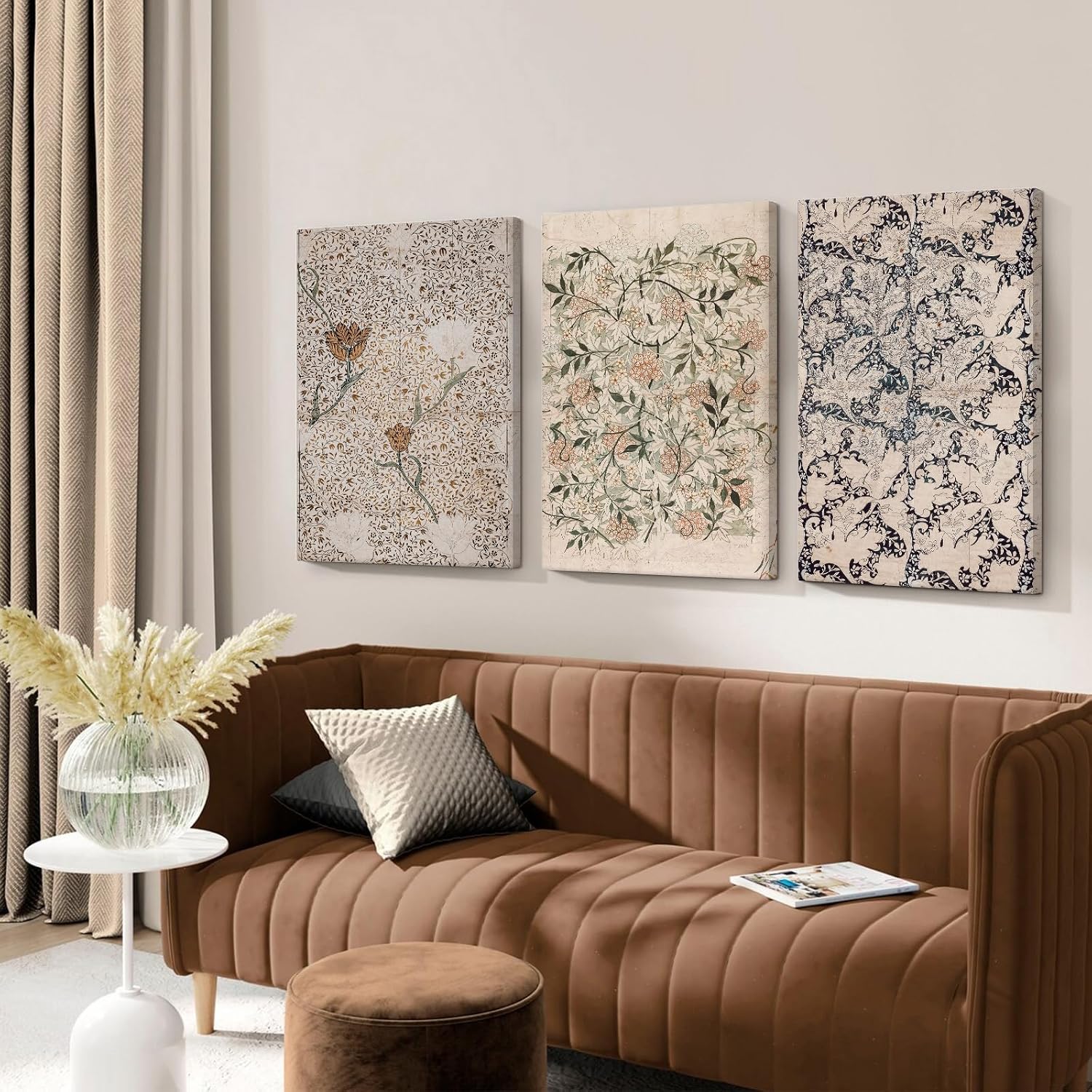 Vintage William Morris Wall Art Decor Boho Floral Botanical Canvas Pictures Abstract Neutral Flower Print Vintage Farmhouse Artwork Painting for Living Room Bedroom 24x36 Inch Wrapped Canvas Set of 3