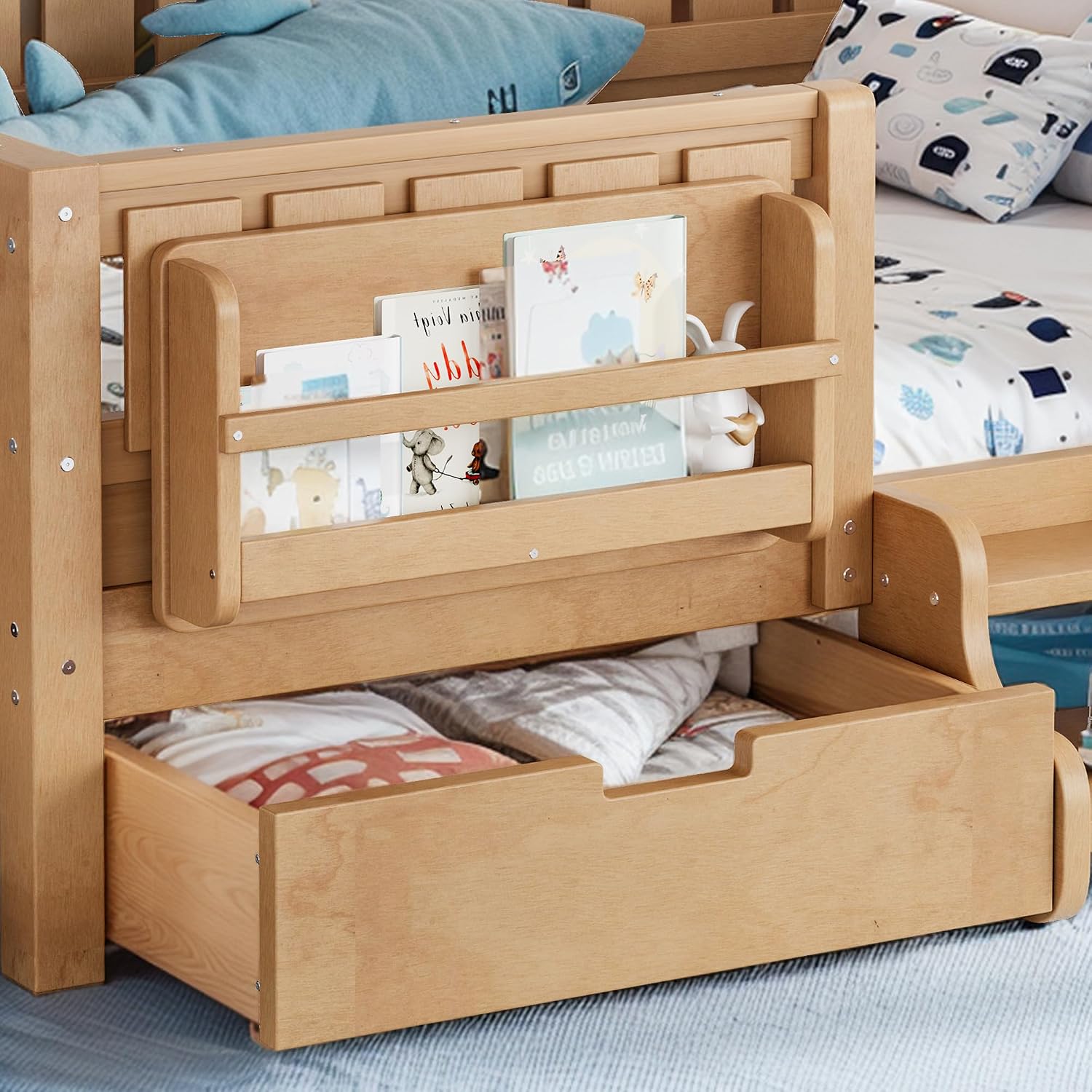 Bellemave Full Kids Montessori Bed with Stairs, Bookshelf and Drawers, Solid Wood Kids Bed Frame with Storage for Boys Girls, Low Profile,Light Natural