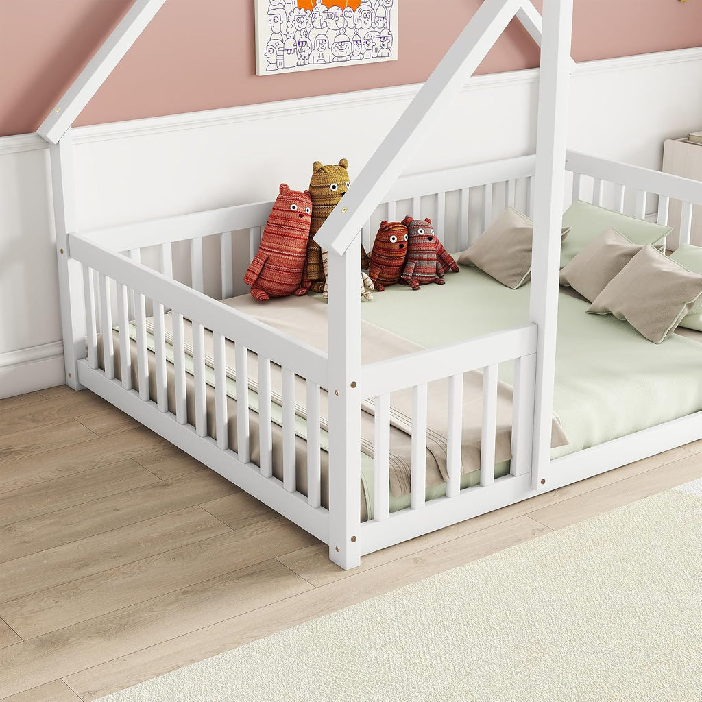 JIVOIT House Bed Full Size Floor Bed, Full Wood House-Shaped Floor Bed with Fence and Guardrails, Wood House Roof Frame, Montessori Floor Bed Frame (White-Full,129)
