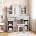 Arlopu Kids Vanity with 3-Color Lights, Girls Vanity Set w/Large Storage, Mirror ＆ Stool, 2 in 1 Princess Wooden Pretend Play Makeup Desk, Dressing Table and Chair, Open Shelves, Drawer (Grey)