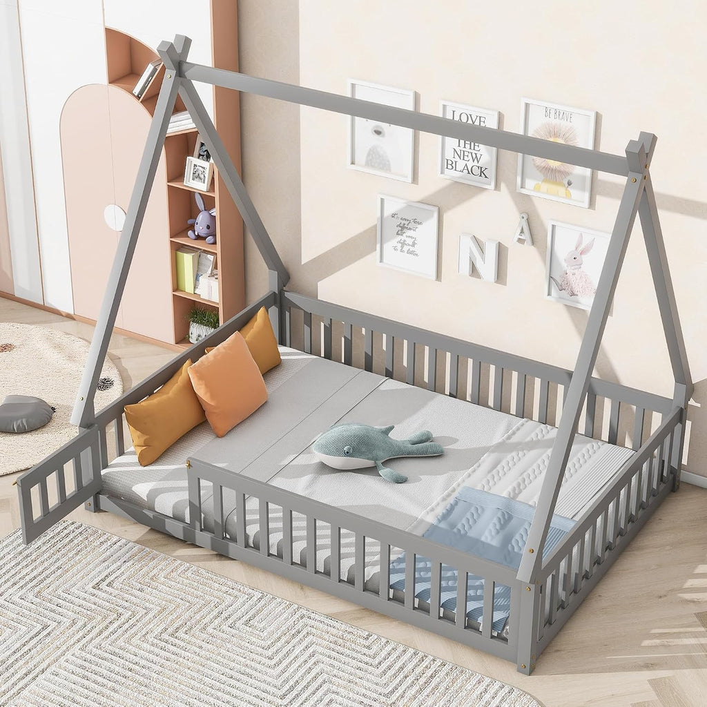 JIVOIT Full Size Tent-Shaped Floor Bed with Door, House Platform Bed Tent Bed Frame with Fence-Shaped Guardrails and Wood Slats Support, Wood Floor Play House Bed for Kids Boys Girls Teens (Gray,2)