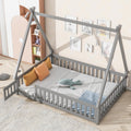 JIVOIT Full Size Tent-Shaped Floor Bed with Door, House Platform Bed Tent Bed Frame with Fence-Shaped Guardrails and Wood Slats Support, Wood Floor Play House Bed for Kids Boys Girls Teens (Gray,2)
