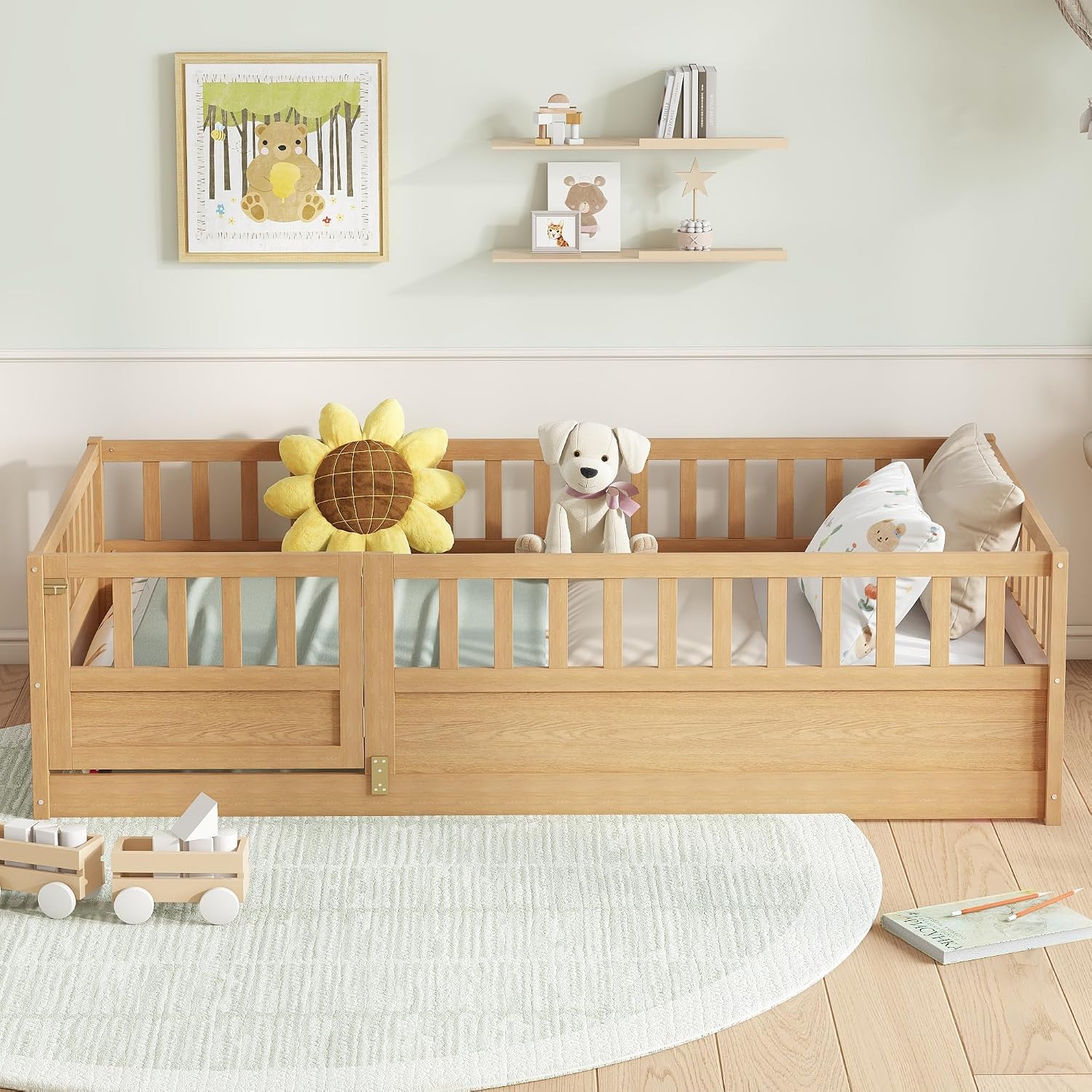 Bellemave Twin Size Floor Bed with Fence and Door, Montessori Floor Bed with Slats, Twin Size Montessori Beds for Kids, Girls, Boys, Natural