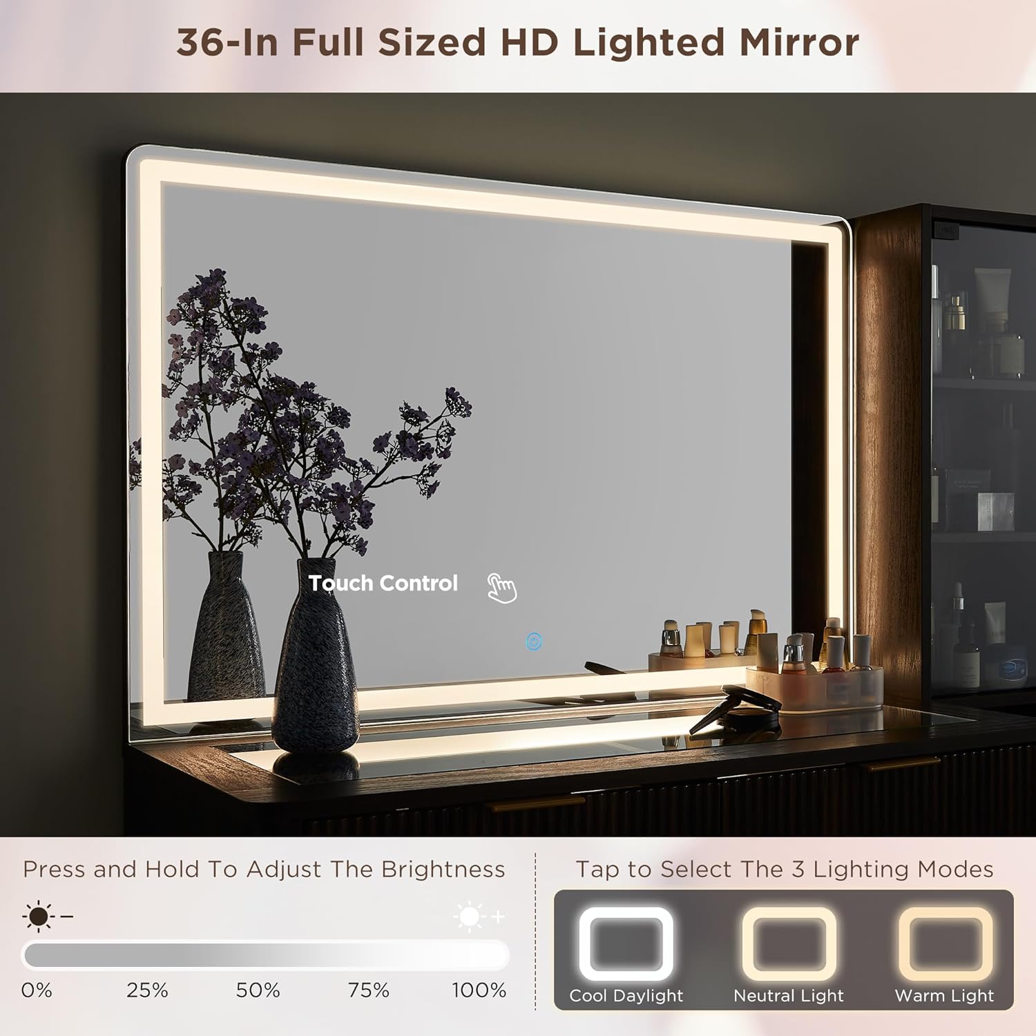 T4TREAM Fluted Makeup Vanity Desk with 36' HD Lighted Mirror, 48' Big Modern Vanity Desk with Mirror and Lights, Dressing Table with 5 Drawers & Shelves, Glass Top for Bedroom, Dark Walnut