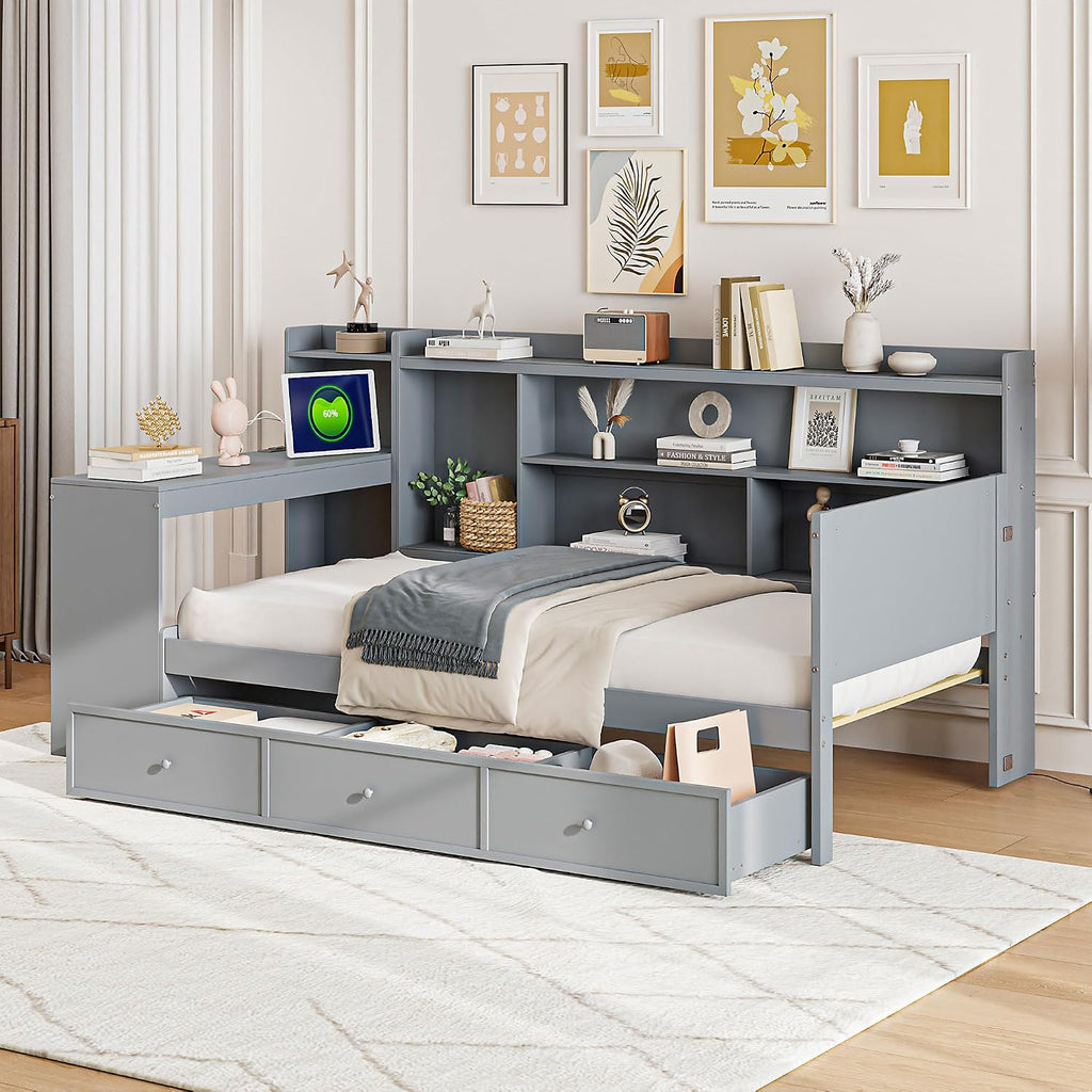 Twin Size Daybed with Storage Shelves and Study Desk, Wooden Daybed Sofa Bed Frame with 3 Drawers and USB Ports for Office Living Room Bedroom, Maximize Space (Gray-23U)