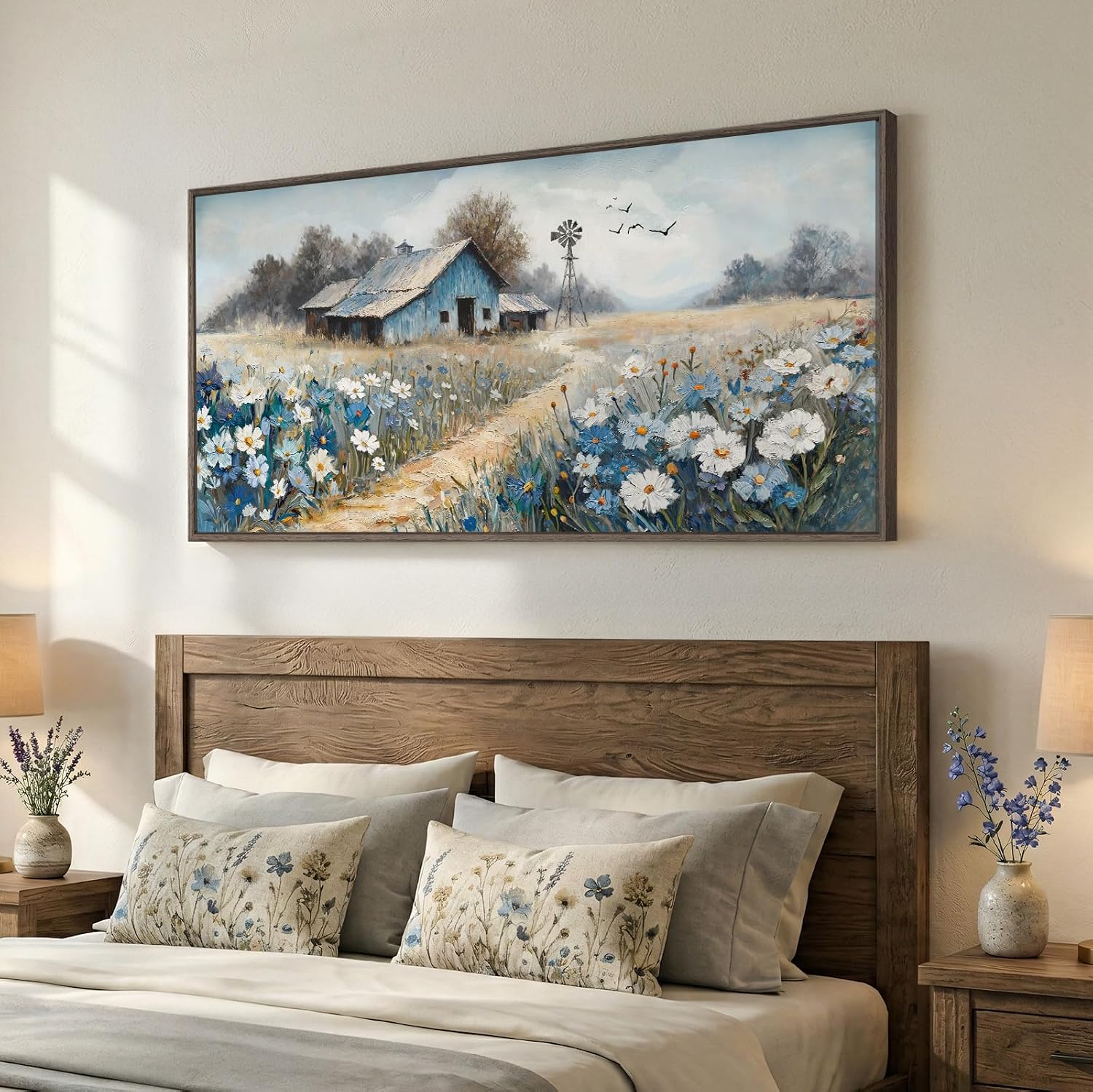 Large Framed Farmhouse Canvas Wall Art for Living Room, Vintage Rustic Barn Horizontal Canvas Prints, Country Blue Floral Wall Decor for Bedroom Dining Room Hallway 30x60 Inch