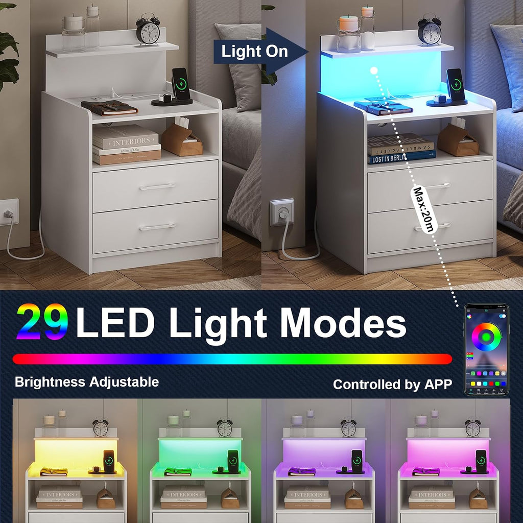 Nightstand Set of 2 with Charging Station and LED Lights, Bedside Table with 2 Drawers and Open Storage Shelf, 2 USB Ports and 2 AC Outlets, LED Night Stands for Bedroom Set of 2, White