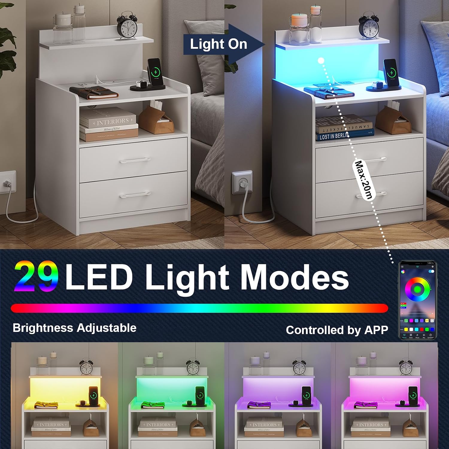 Nightstand Set of 2 with Charging Station and LED Lights, Bedside Table with 2 Drawers and Open Storage Shelf, 2 USB Ports and 2 AC Outlets, LED Night Stands for Bedroom Set of 2, White