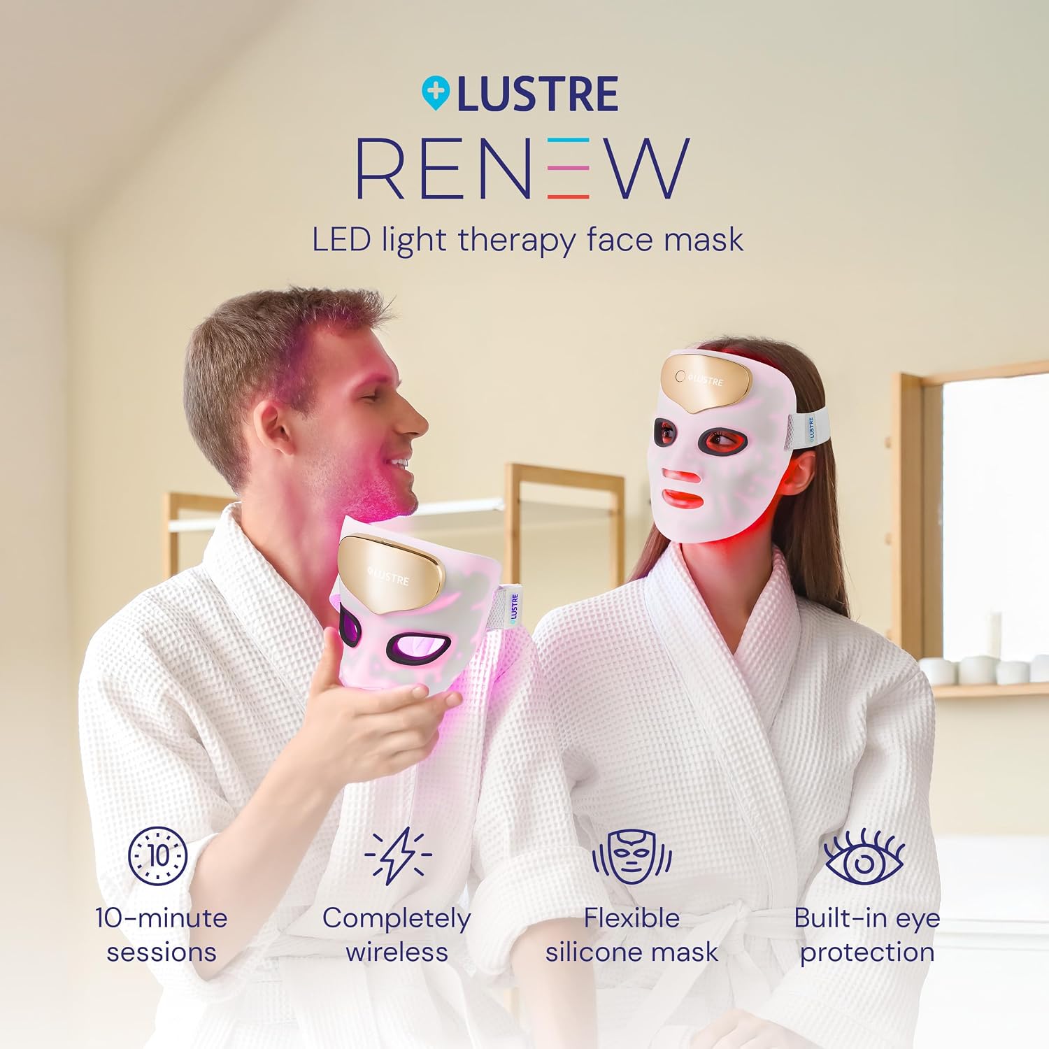 LED Face Mask Light Therapy for Acne & Anti-Aging Skincare | FDA-Cleared, Wireless & App-Controlled | Blue, Near-Infrared & Red Light Therapy Mask for Face - Lustre ClearSkin Renew Pro Facewear