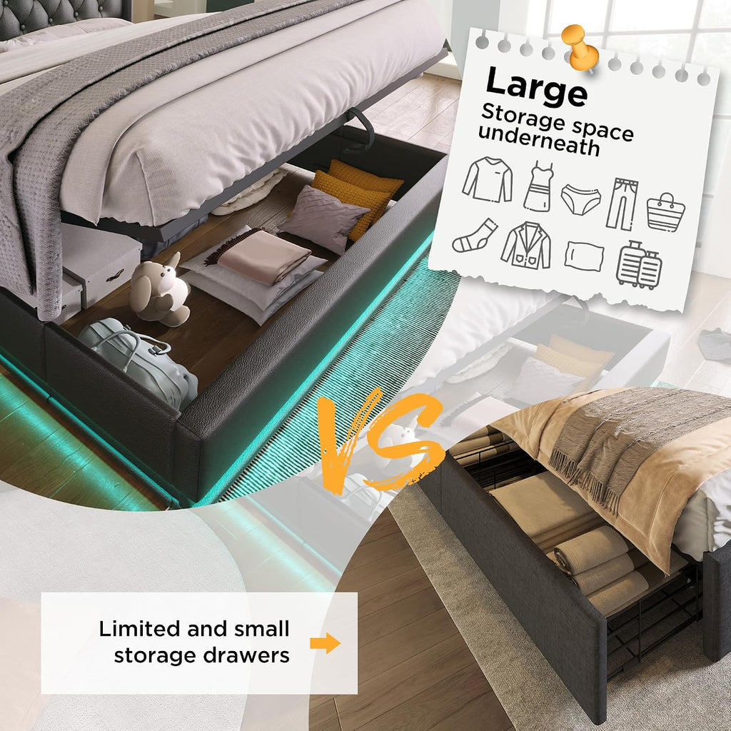Twin Size Lift Up Storage Bed Frame with Button Headboard and Storage Smart Bed with 360 Surround LED Function Upholstered Platform Bed USB Type-C Charging Easy Assembly (Black, Twin)