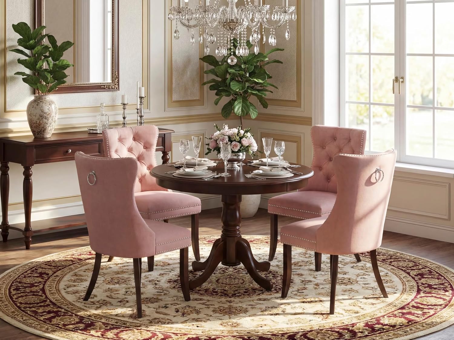 East West Furniture HLDA5-MAH-23 5 Piece Dining Table Set Includes a Round Kitchen Table with Pedestal and 4 Polyester Fabric Upholstered Parson Chairs, 42x42 Inch, Mahogany