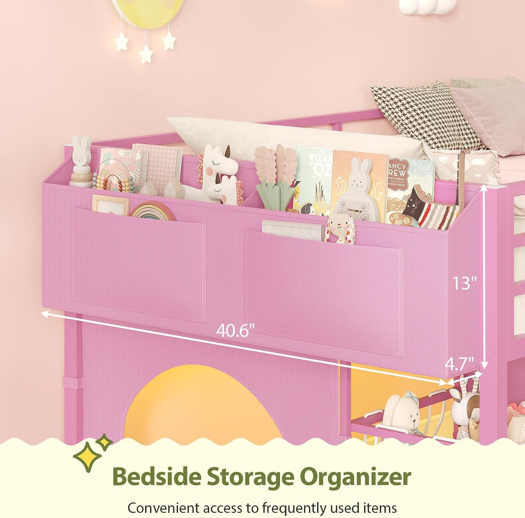 UPOSOJA Twin Size Low Loft Bed with RGB Lights & Play Zone, 8 XL Drawers, Kids Play Loft with 2-Step Ladder & Anti-Tip Kit (Pink)