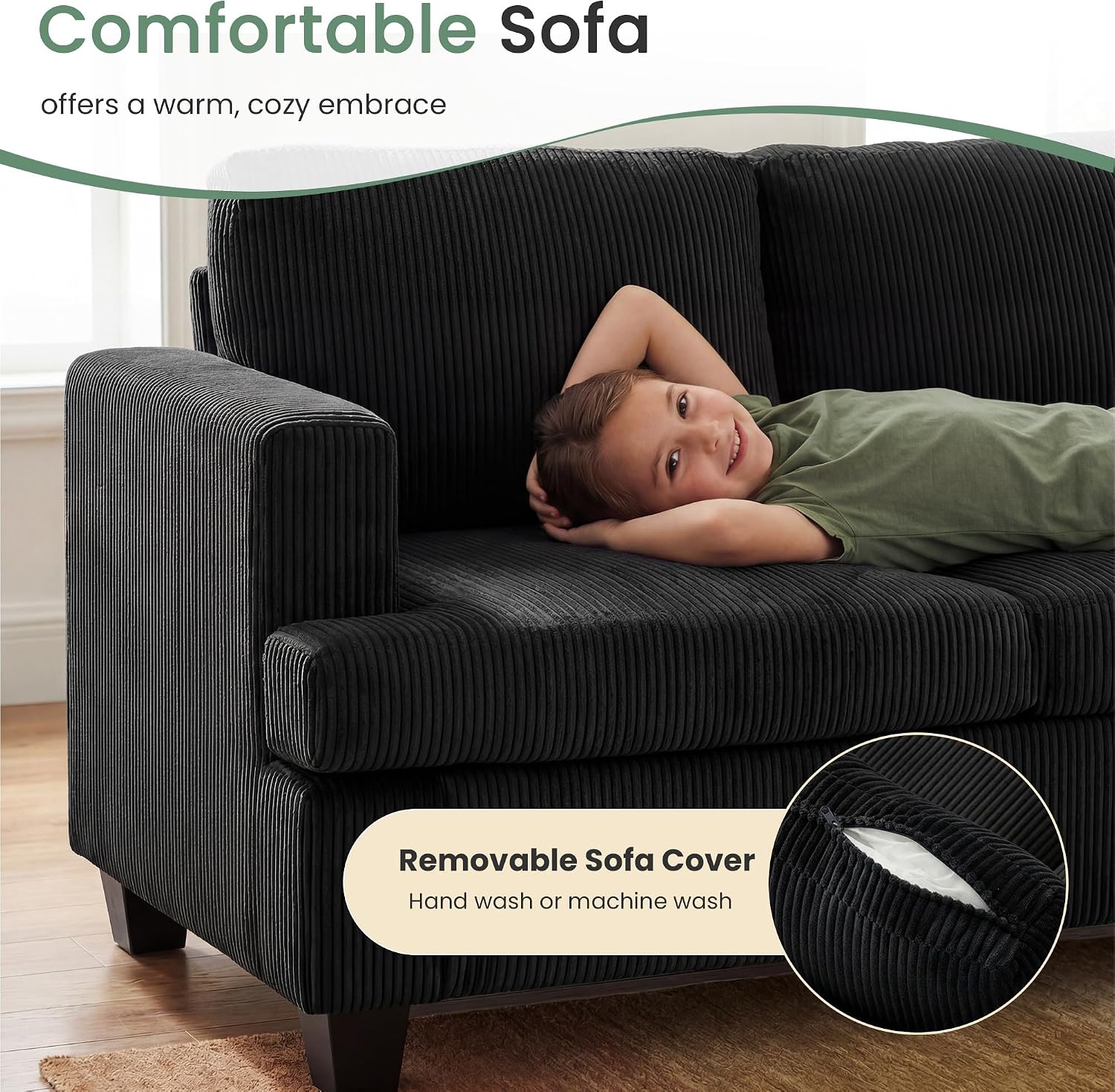 Fiona's magic 4 Seats Couch Set, 2 Piece Set Comfy Sofa, Loveseat Sofa*2 with Deep Seats for Living Room, Modern Sleeper Couch, Black Corduroy