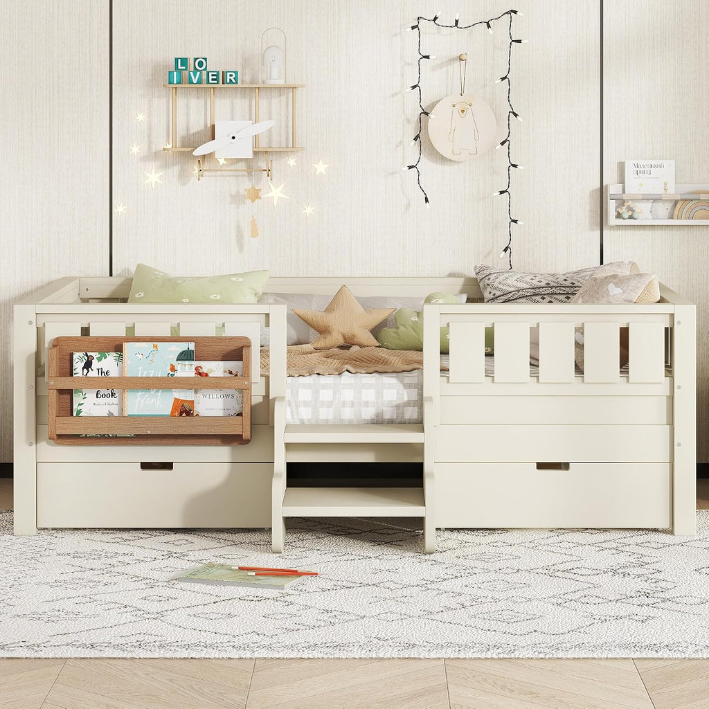 Bellemave Twin Kids Montessori Bed with Stairs, Bookshelf and Drawers, Solid Wood Kids Bed Frame with Storage for Boys Girls, Low Profile,Beige