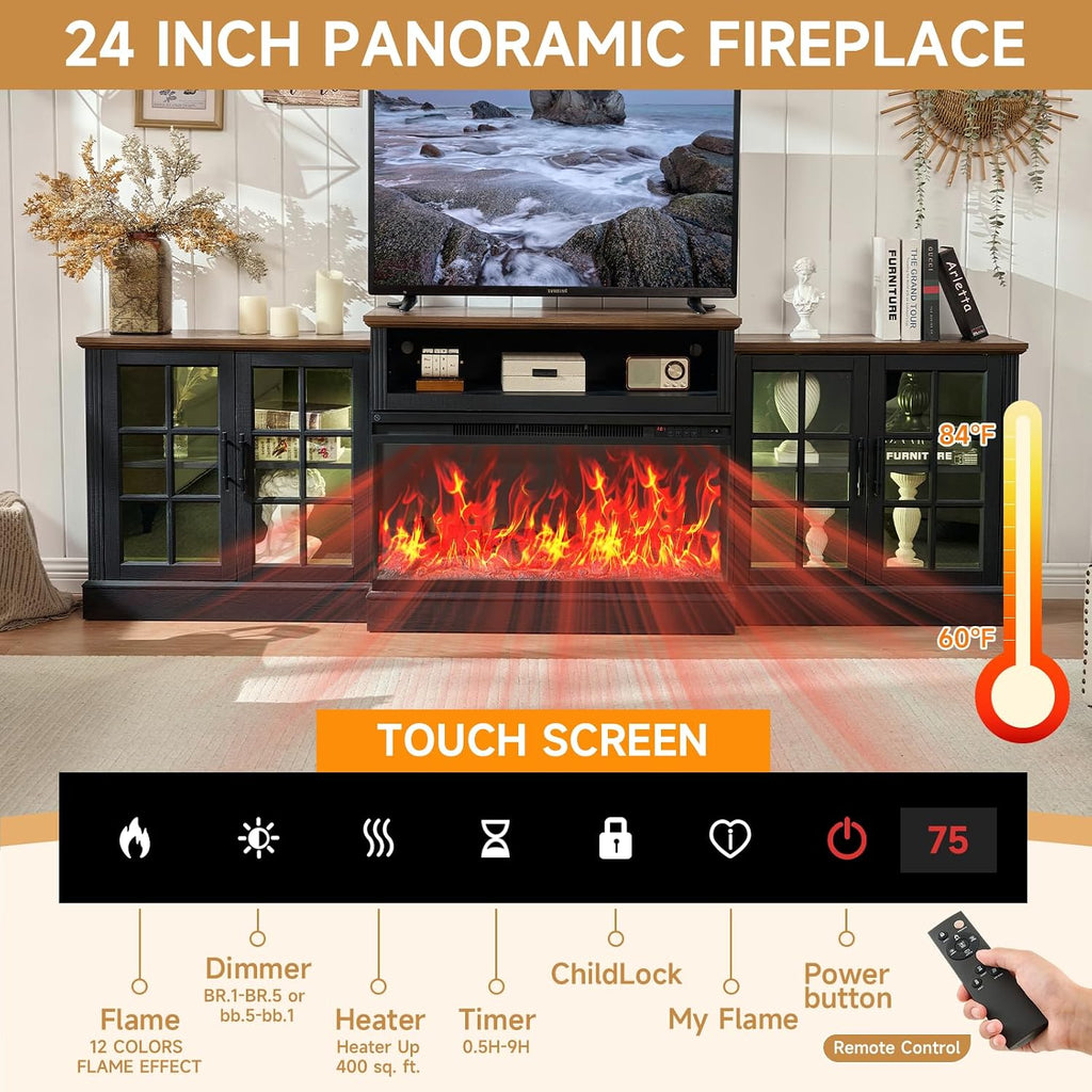 ROCKPOINT 97' Classical Farmhouse Fireplace TV Stand with 3 Sided Glass 36' Electric Fireplace Heater for TVs up to 100',Media Entertainment Center with Adjustable Shelves and Storage Cabinets,Black