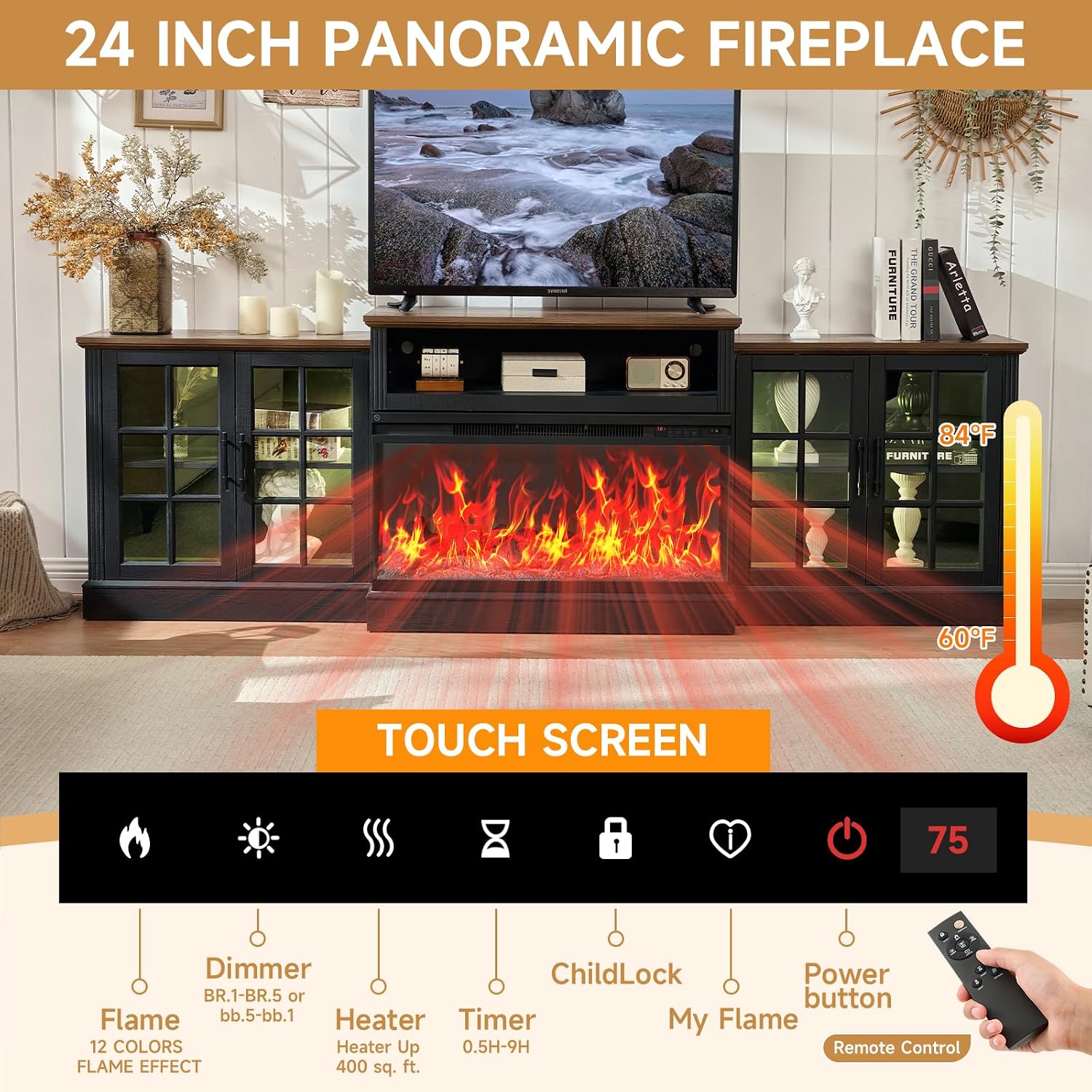 ROCKPOINT 97' Classical Farmhouse Fireplace TV Stand with 3 Sided Glass 36' Electric Fireplace Heater for TVs up to 100',Media Entertainment Center with Adjustable Shelves and Storage Cabinets,Black